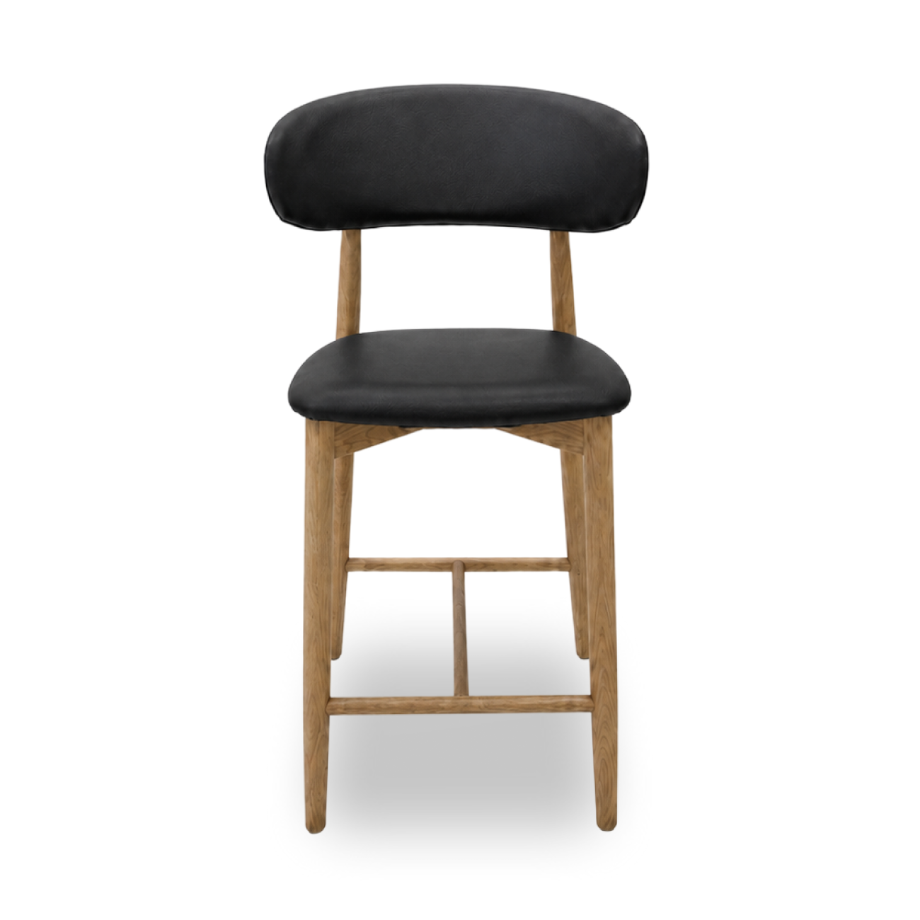 Bar stool with black cushioned seat and backrest .