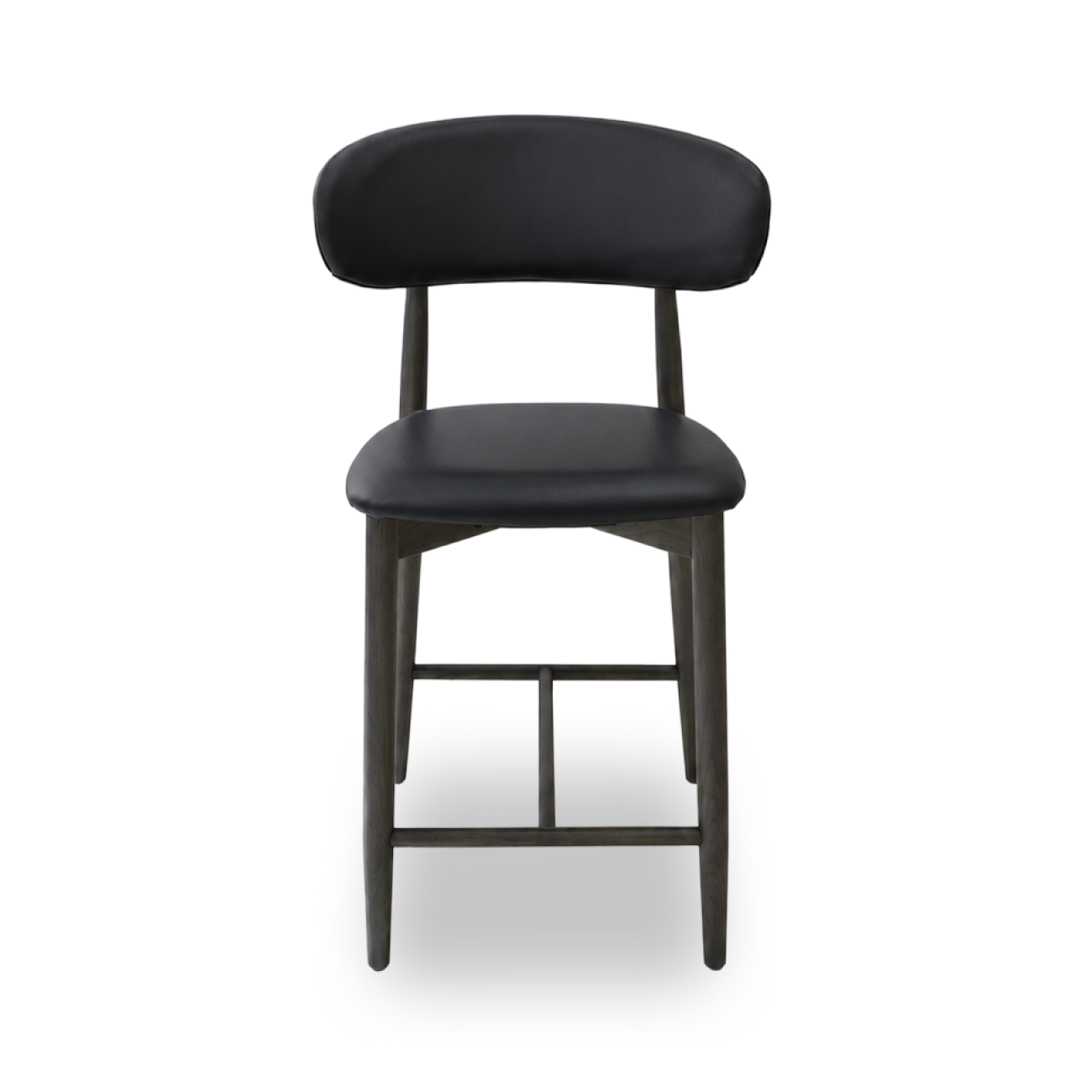 Black bar stool with cushioned seat and backrest .