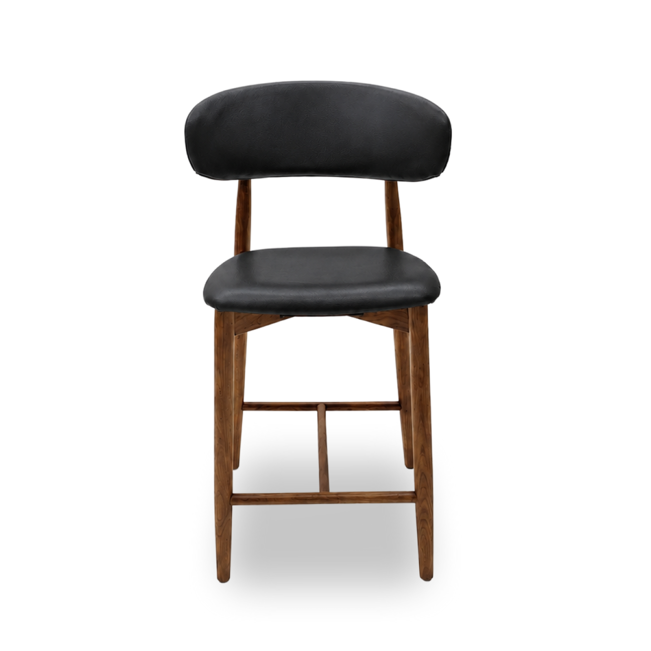 Black cushioned chair with wooden frame.