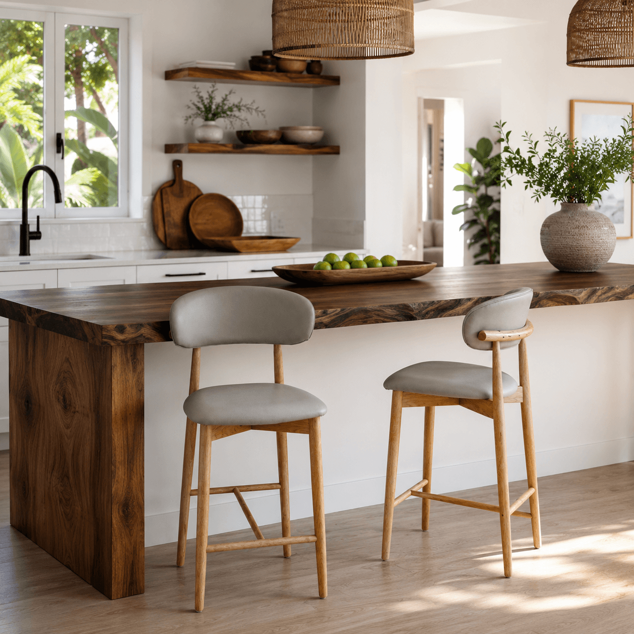Modern kitchen with wooden island and bar stools, natural light
