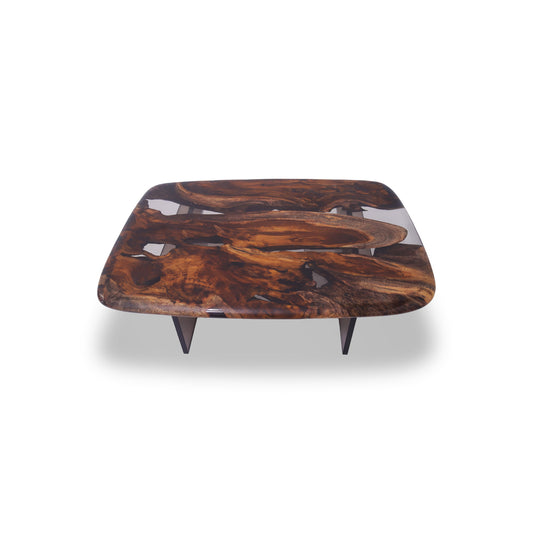 Bosque Cassia Barrel Coffee Table with gray epoxy inlay and plexiglass legs