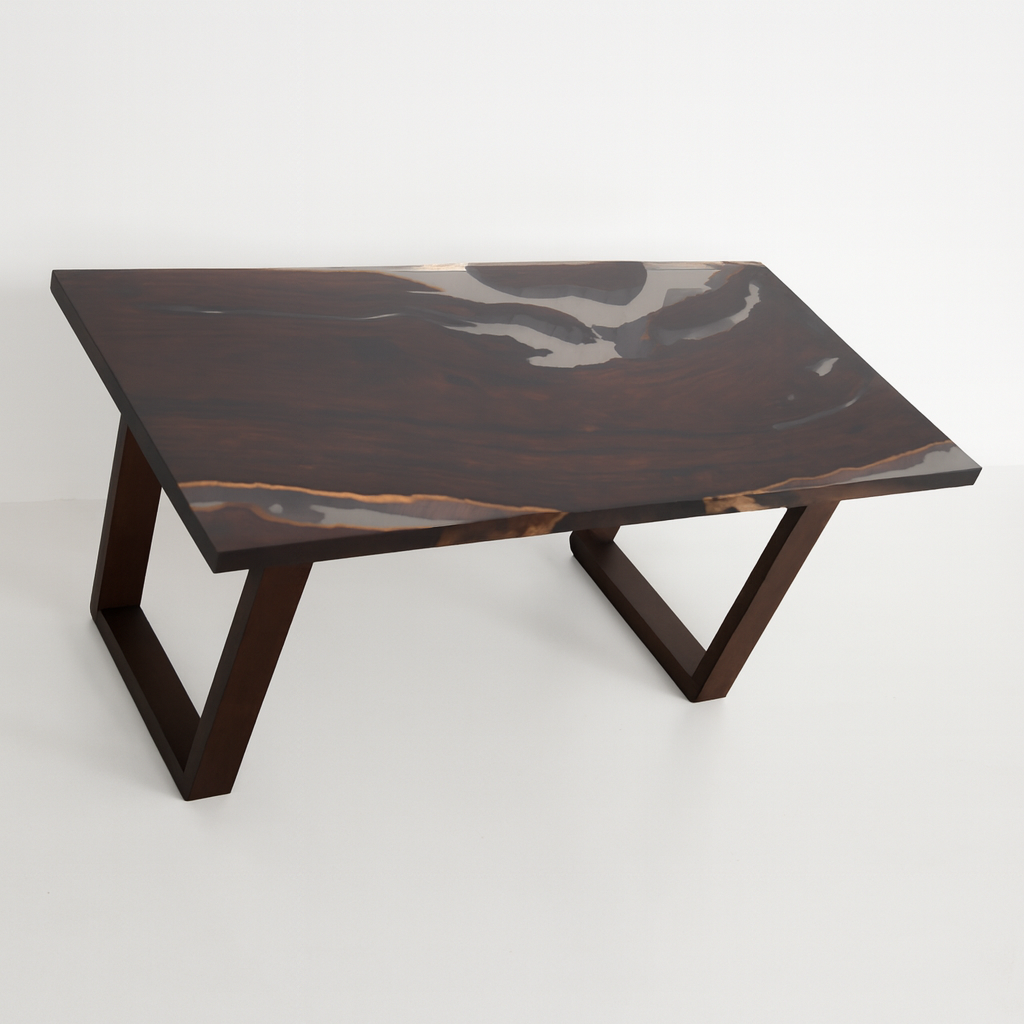 Wooden desk table with a dark finish on a white background