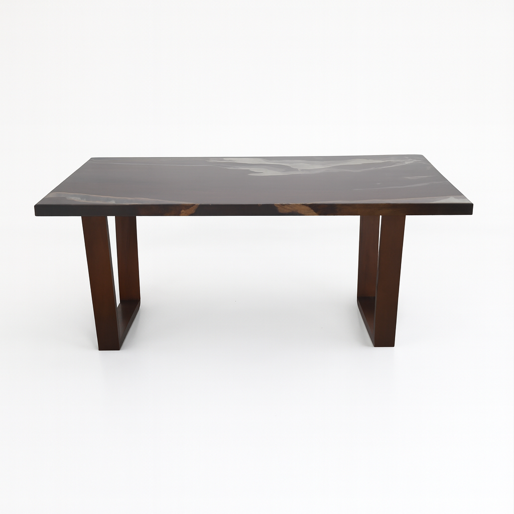 Rectangular table with dark marble top and wooden legs on a white background