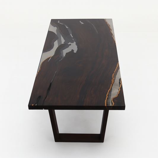 Rectangular desk table with a dark wood and clear epoxy resin on white background