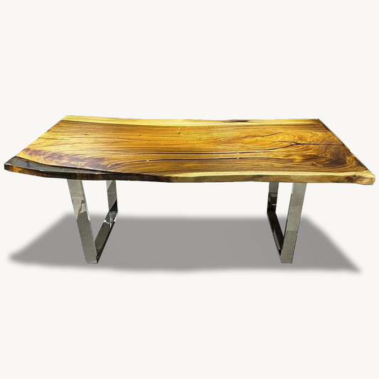 Coty Saman Solid Slab Wood Live Edge Epoxy Dining Table w Chrome Legs - Holzsch