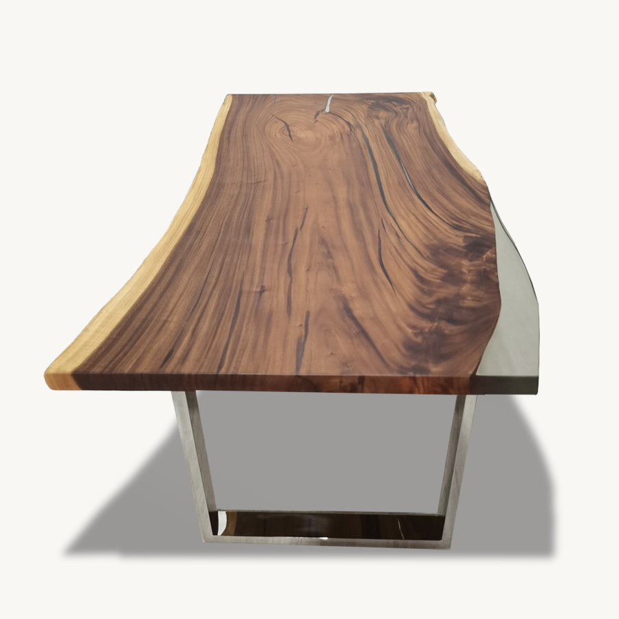 Coty Saman Solid Slab Wood Live Edge Epoxy Dining Table w Chrome Legs - Holzsch