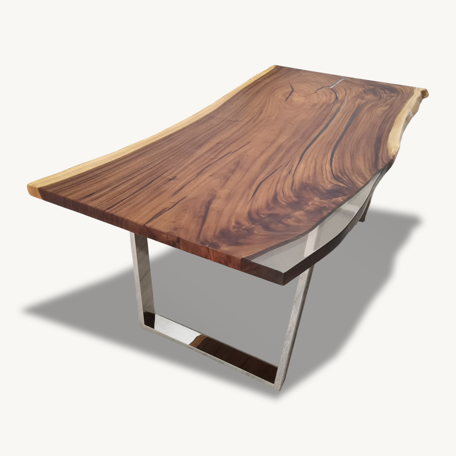 Coty Saman Solid Slab Wood Live Edge Epoxy Dining Table w Chrome Legs - Holzsch