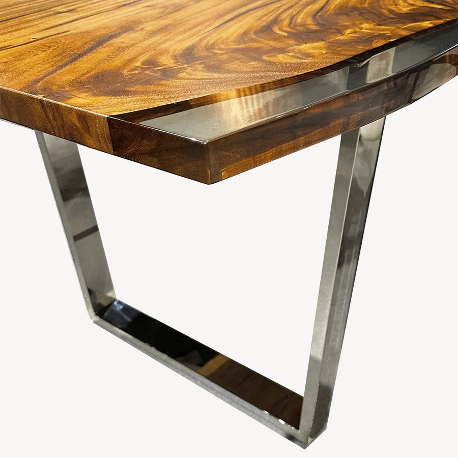 Coty Saman Solid Slab Wood Live Edge Epoxy Dining Table w Chrome Legs - Holzsch