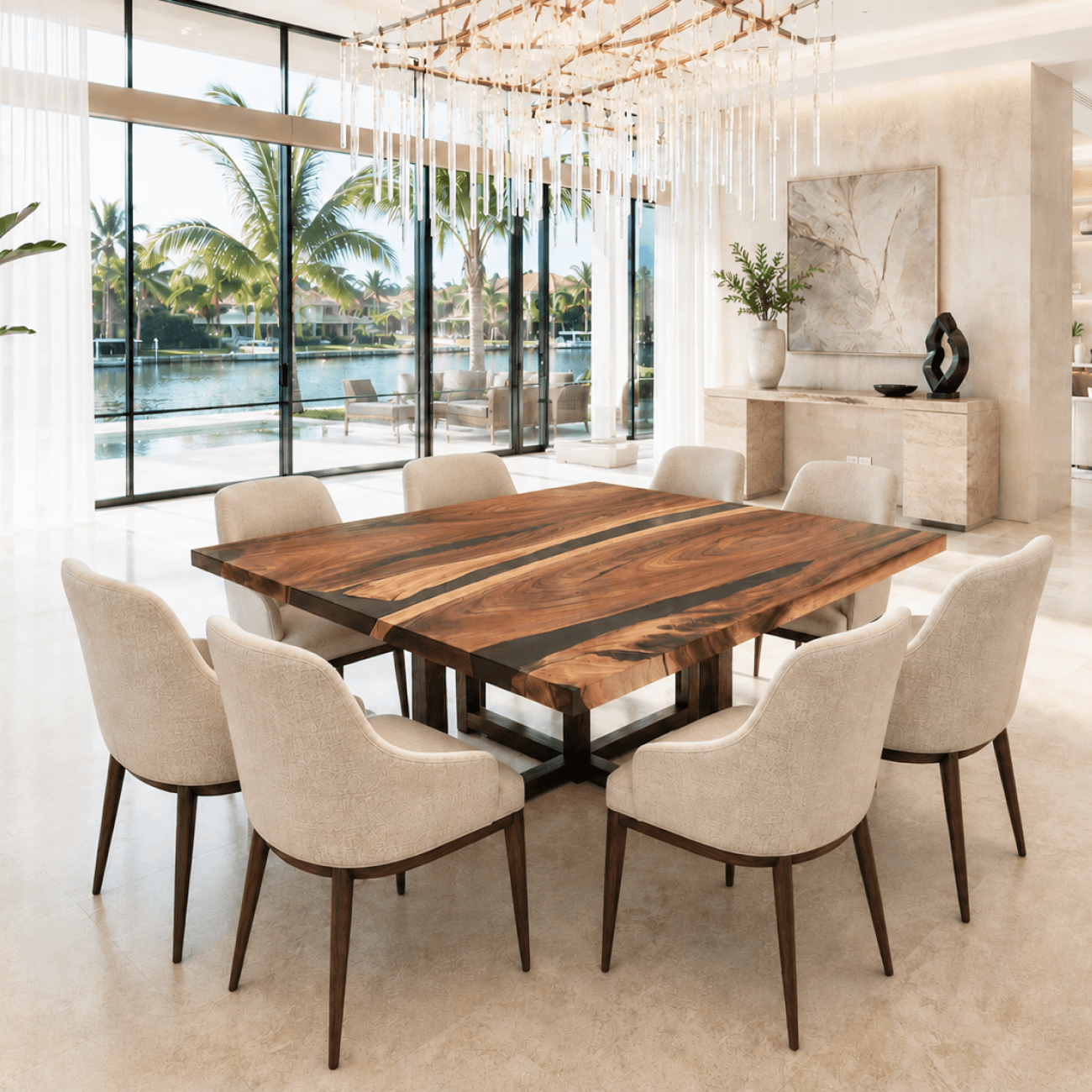 Dining room with wooden table and beige chairs, large windows overlooking a waterfront.
