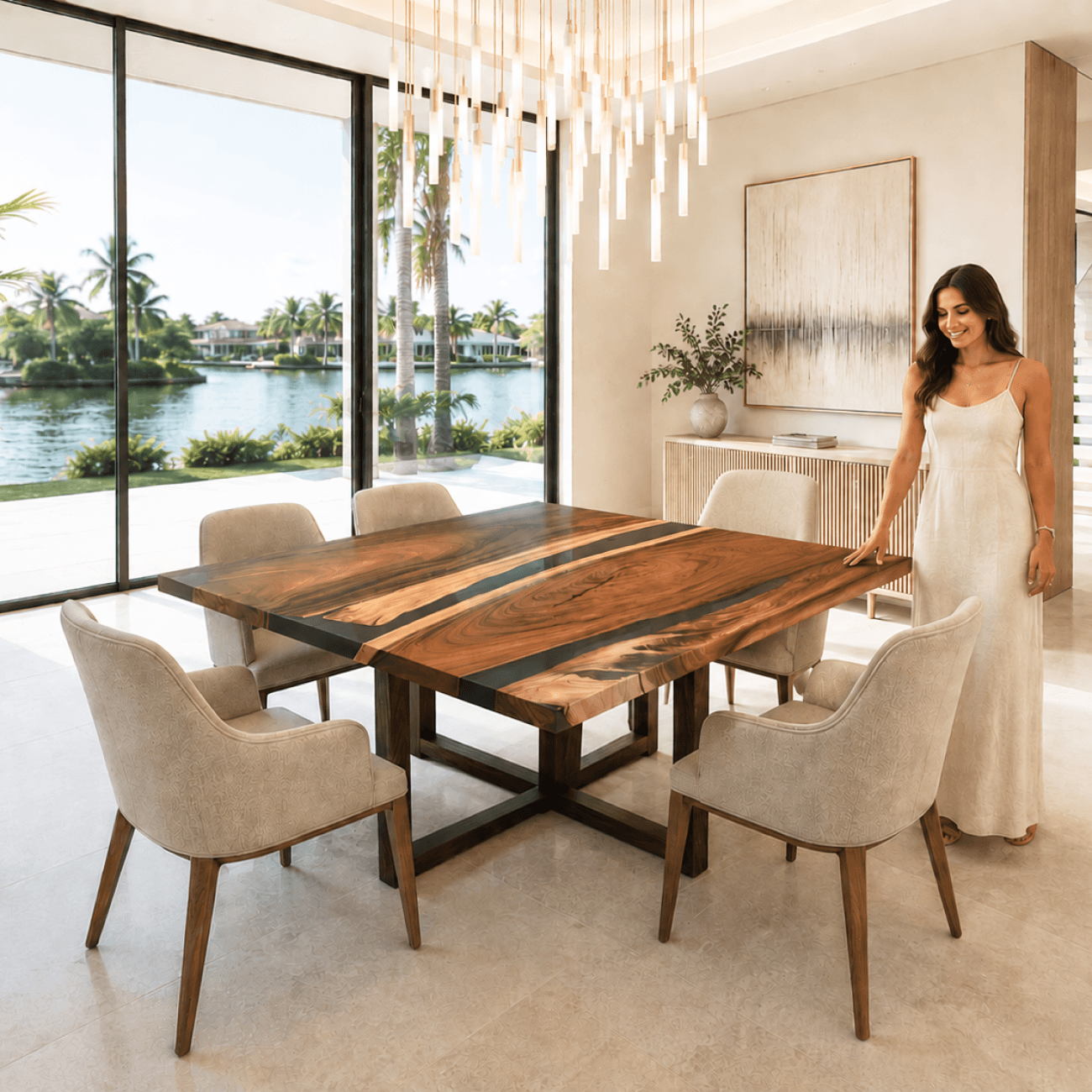 Woman standing by a wooden dining table in a modern living room with large windows.