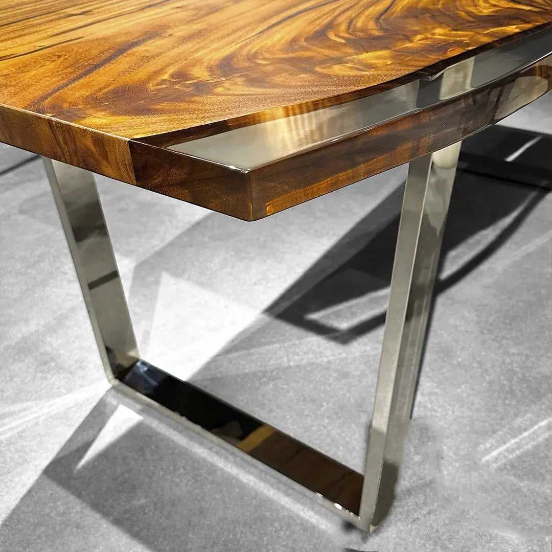 Coty Saman Solid Slab Wood Live Edge Epoxy Dining Table w Chrome Legs