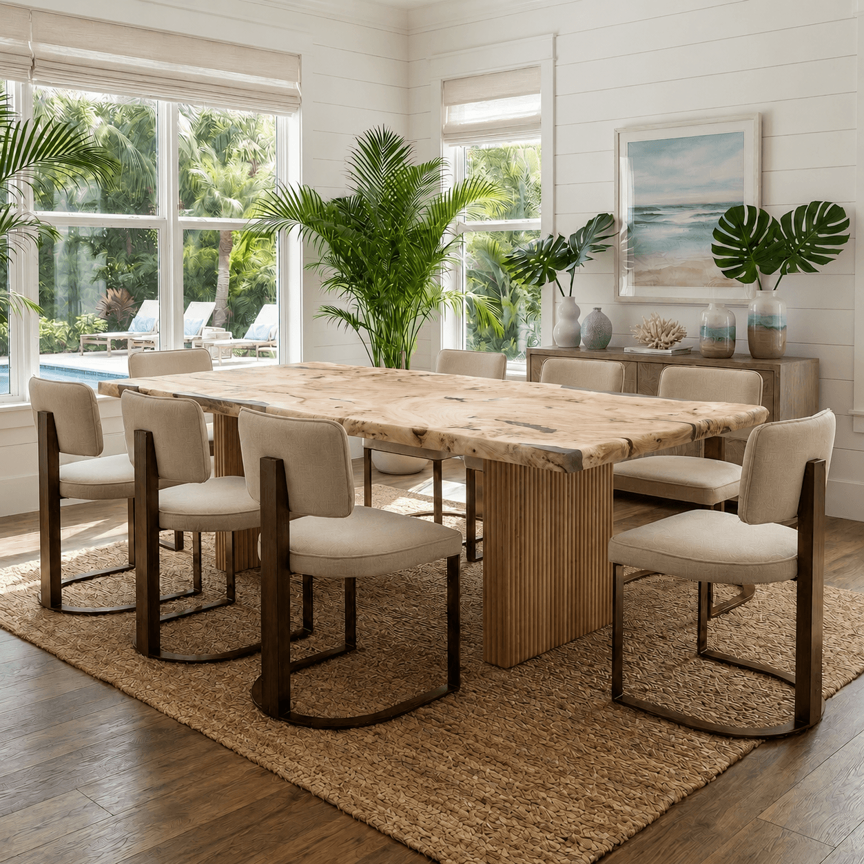 Hover Dining Chairs with Mappa Burl Dining Table.