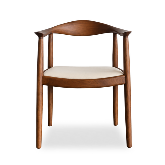 Kennedy dining armchair with taupe leather seat and walnut-colored wooden frame