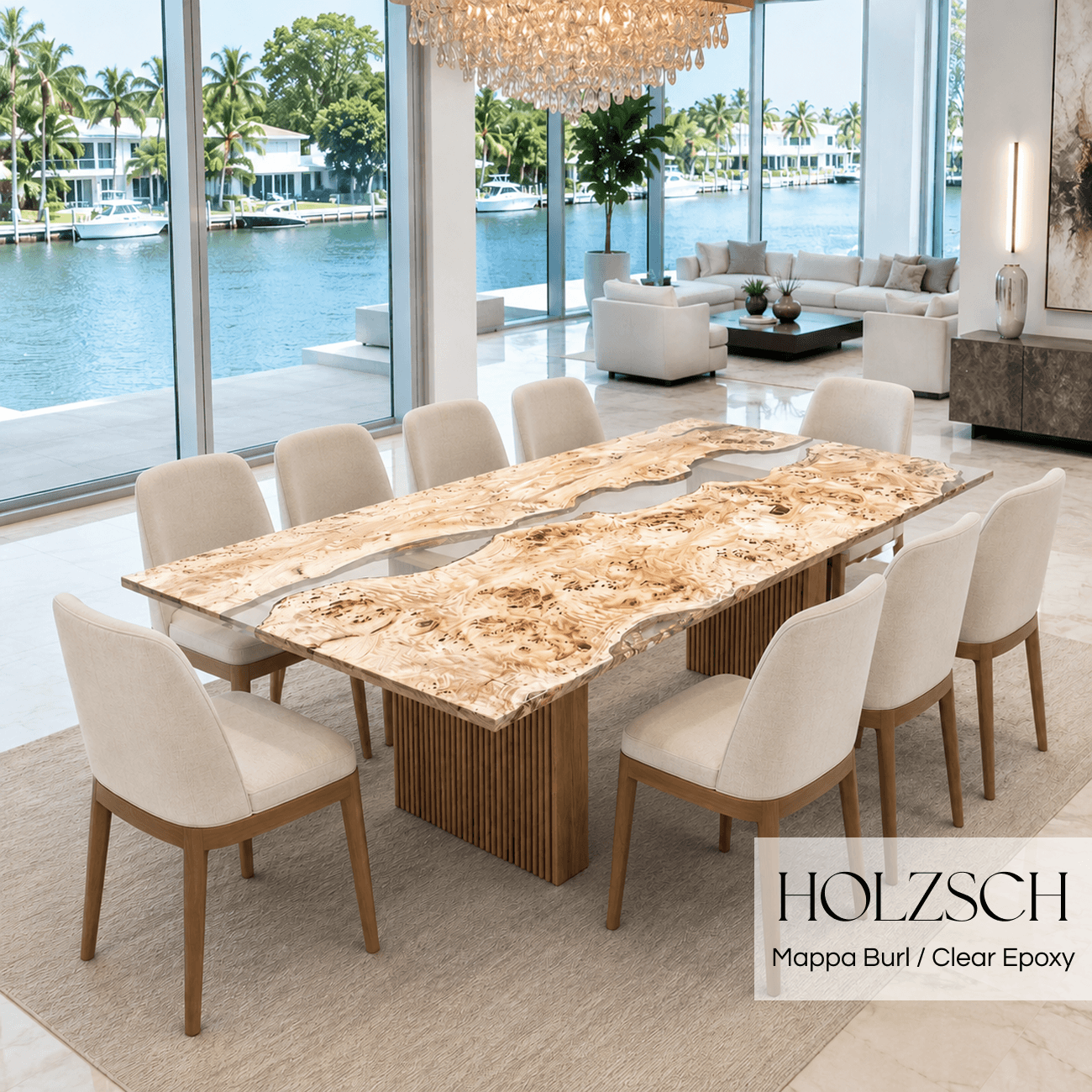 Modern dining room with a marble table and chairs, featuring Holzschuh furniture.