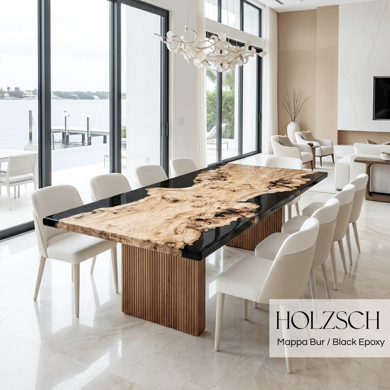Modern dining room with a unique wooden table and white chairs, featuring the brand 'HOLZSCH'.