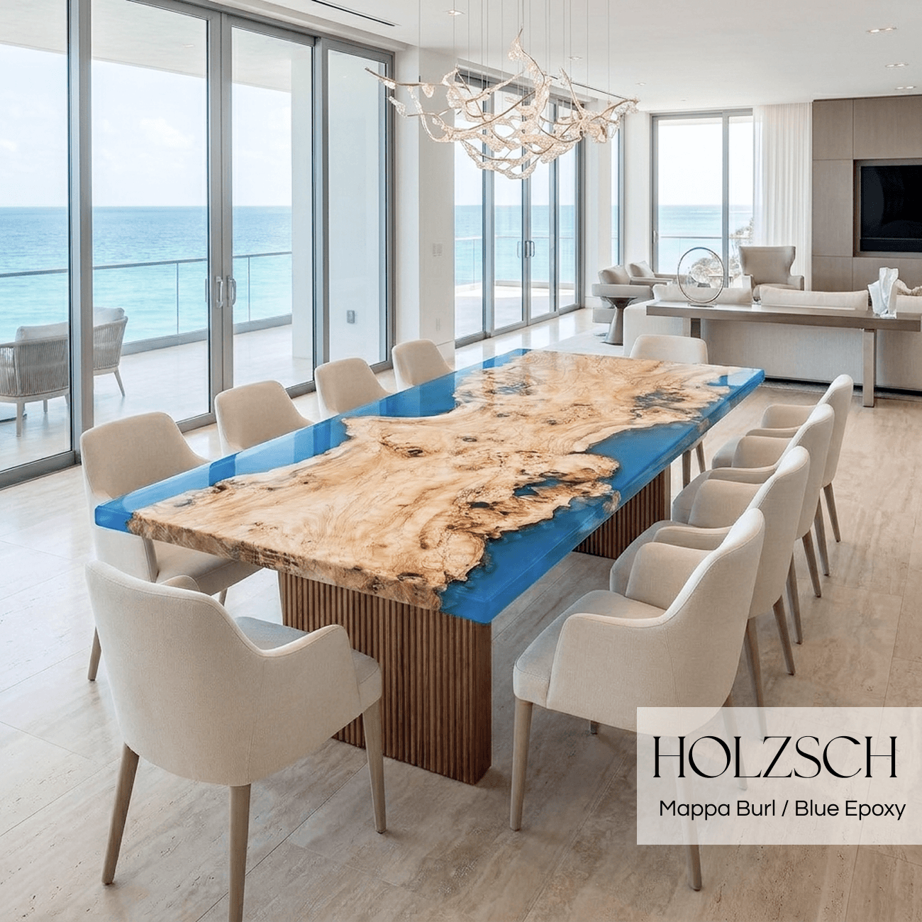 Modern dining room with a unique wooden table featuring blue epoxy finish, surrounded by chairs.