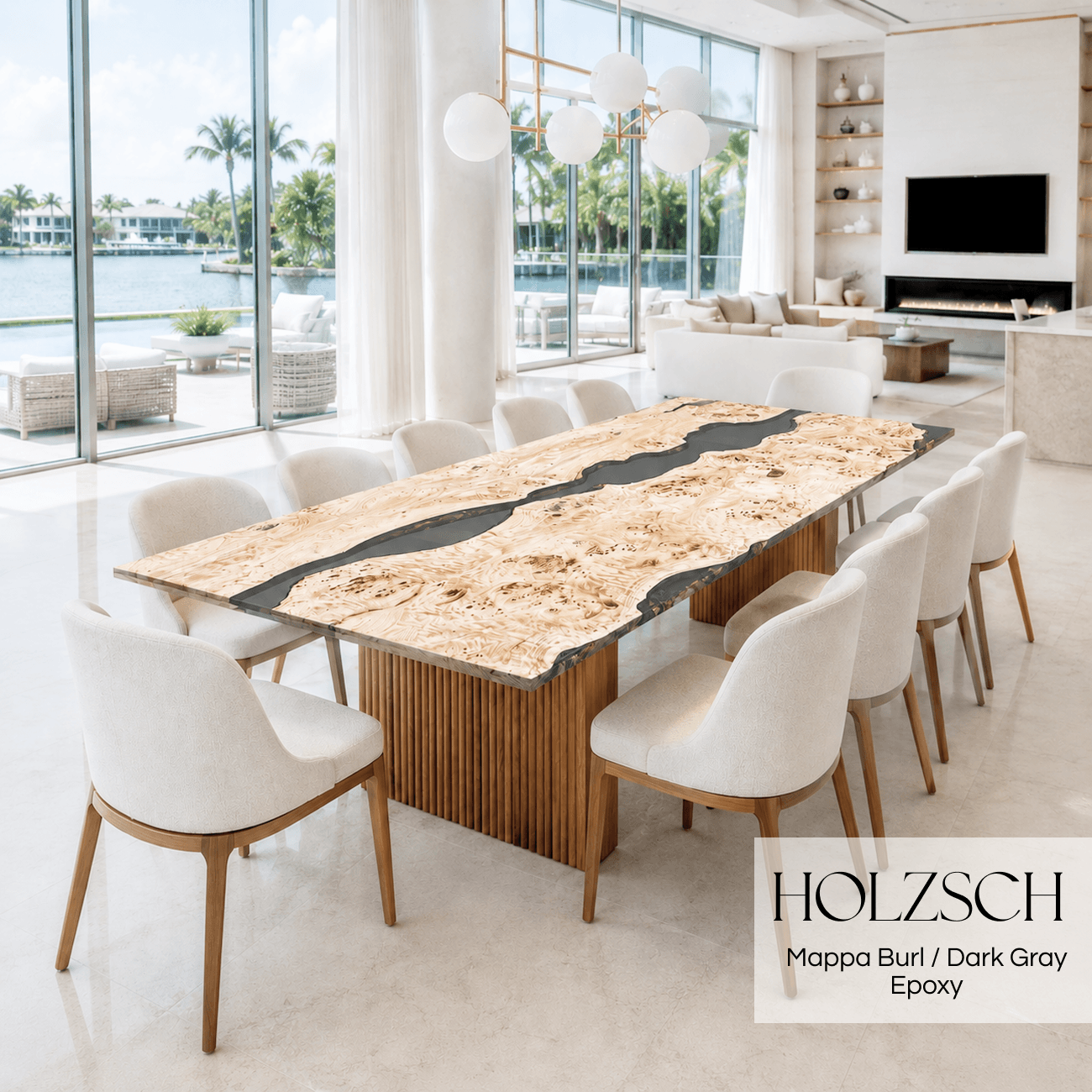 Dining room with a long wooden table and white chairs, featuring the brand 'HOLZSCH'.