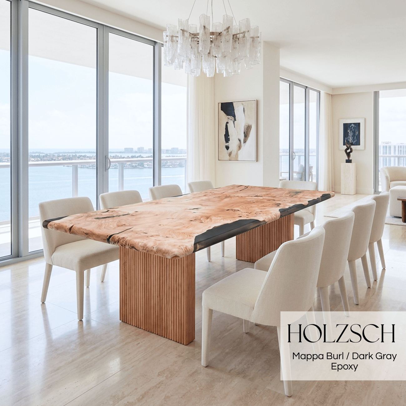 Modern dining room with a wooden table and chairs, featuring Holzsch branding.
