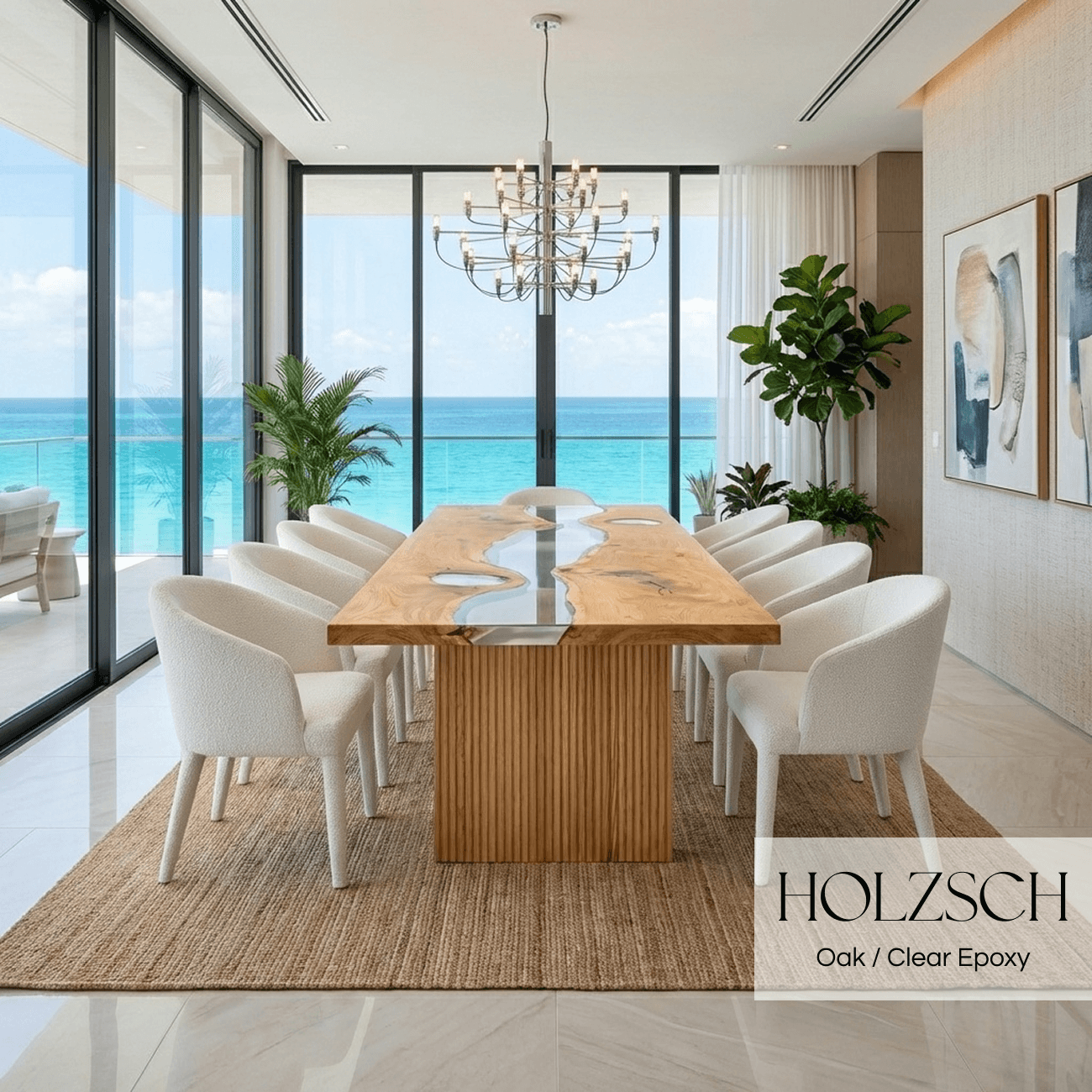 Modern dining room with wooden table and white chairs, featuring a view of the ocean.