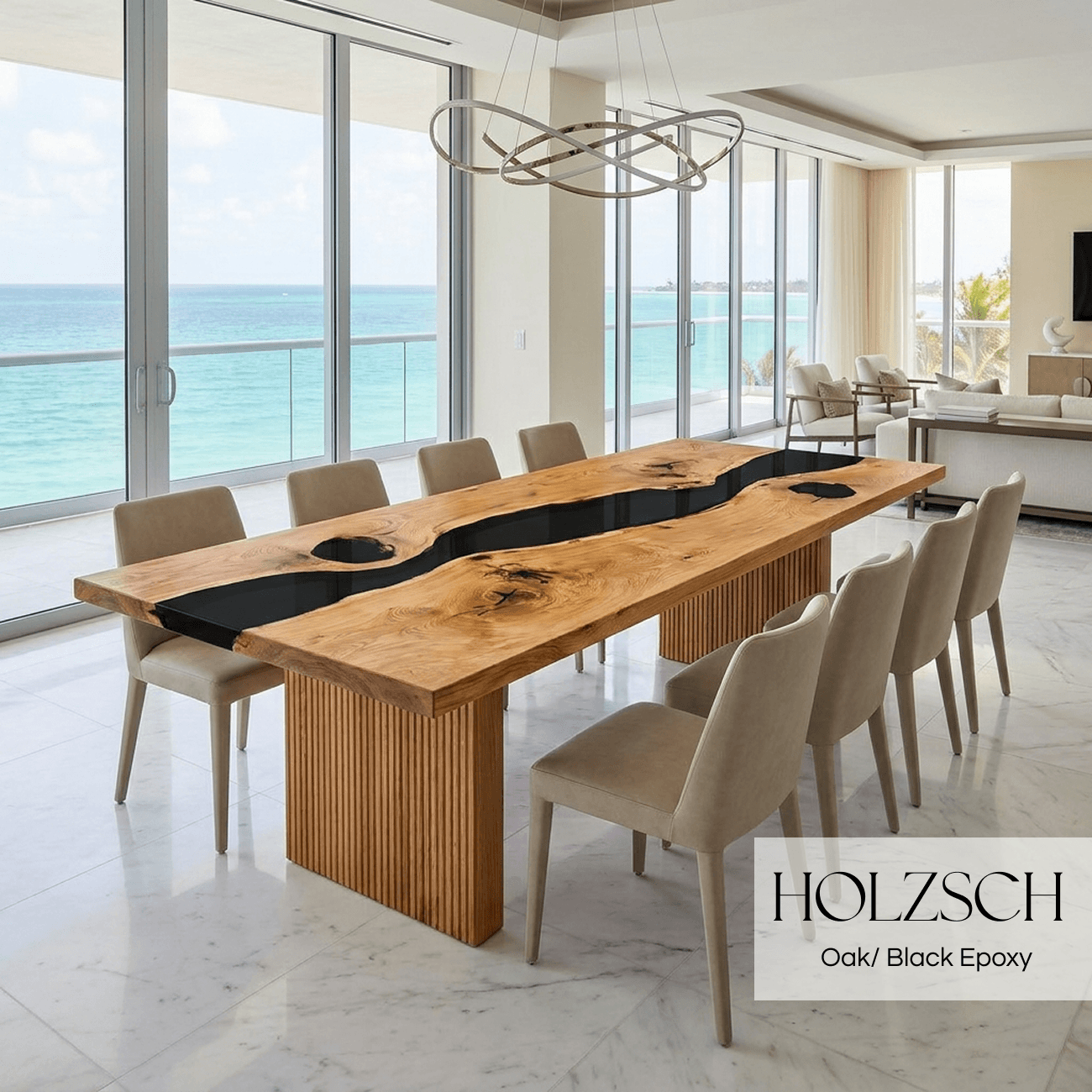 Modern dining room with a wooden table and chairs, featuring Holzsch branding.