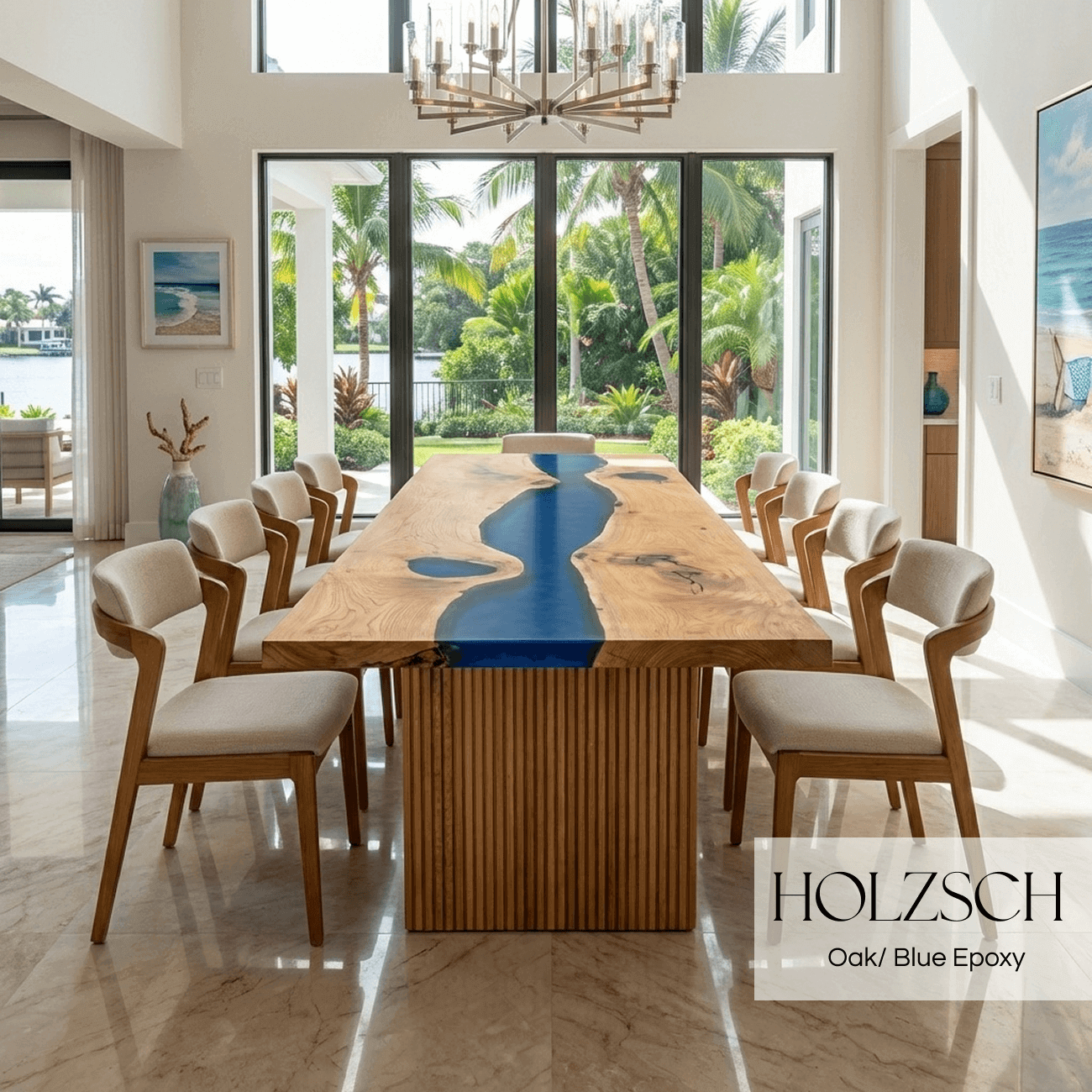 Dining room with a wooden table featuring a blue epoxy finish, surrounded by chairs.