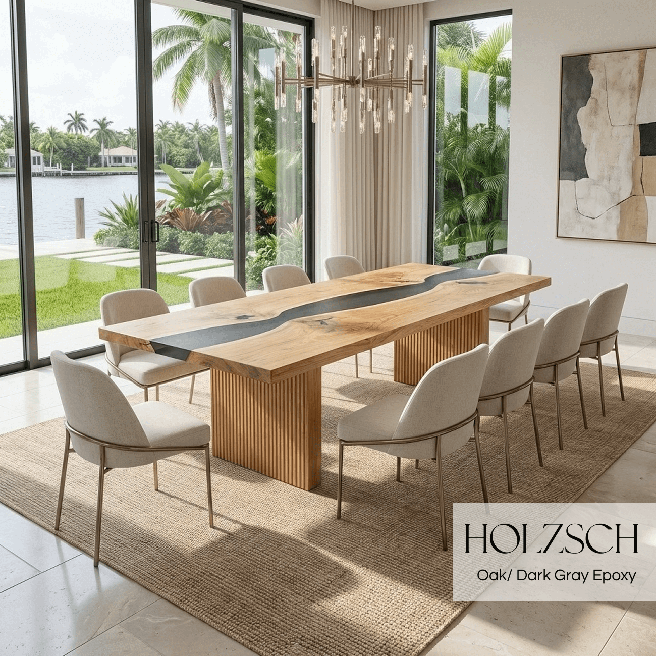 Modern dining room with a wooden table and chairs, featuring Holzsch products.