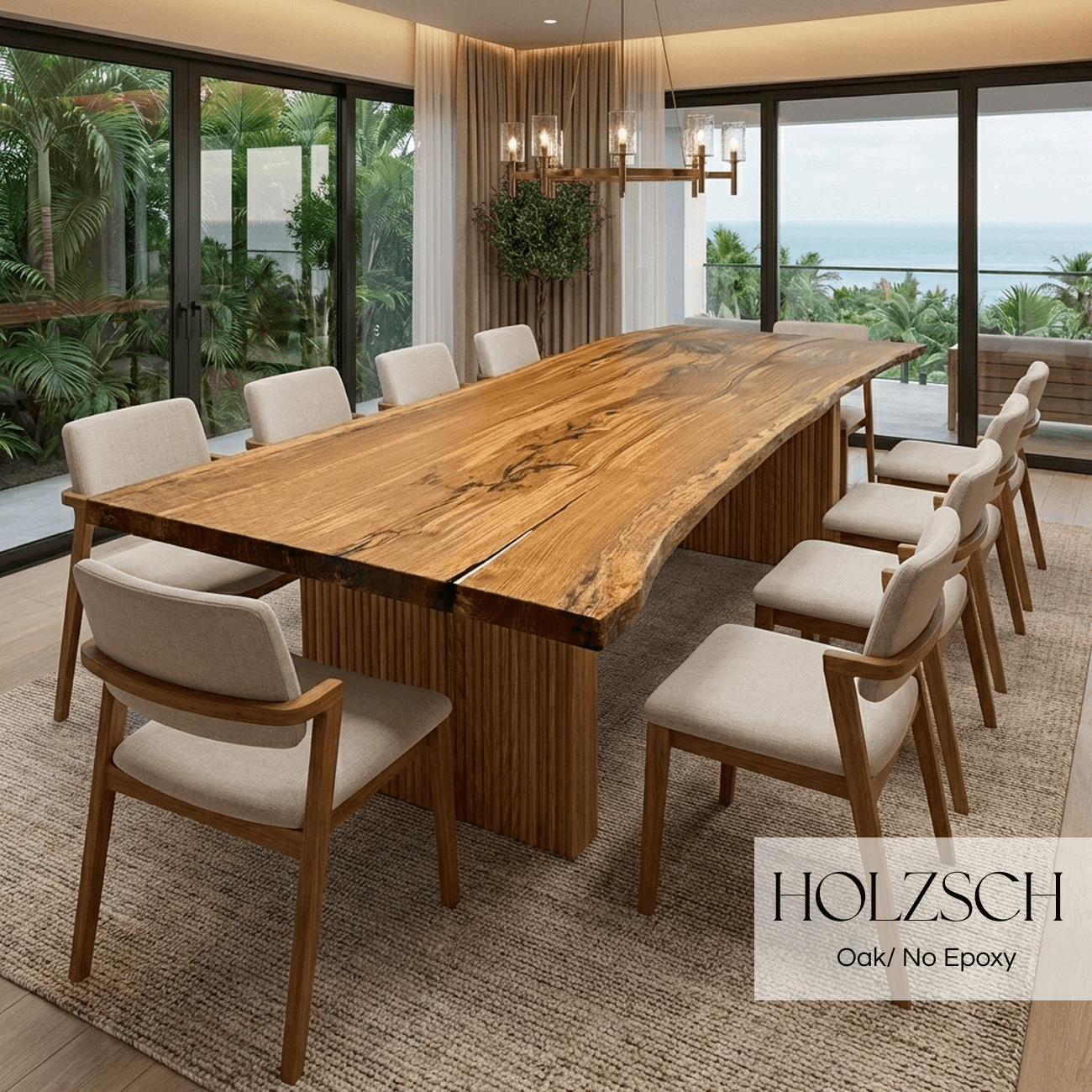 Wooden dining table with chairs in a modern room with large windows.