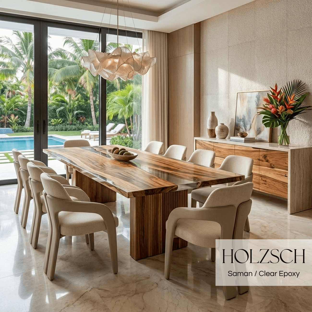 Modern dining room with wooden table and chairs, featuring Holzsch Saman Clear Epoxy.