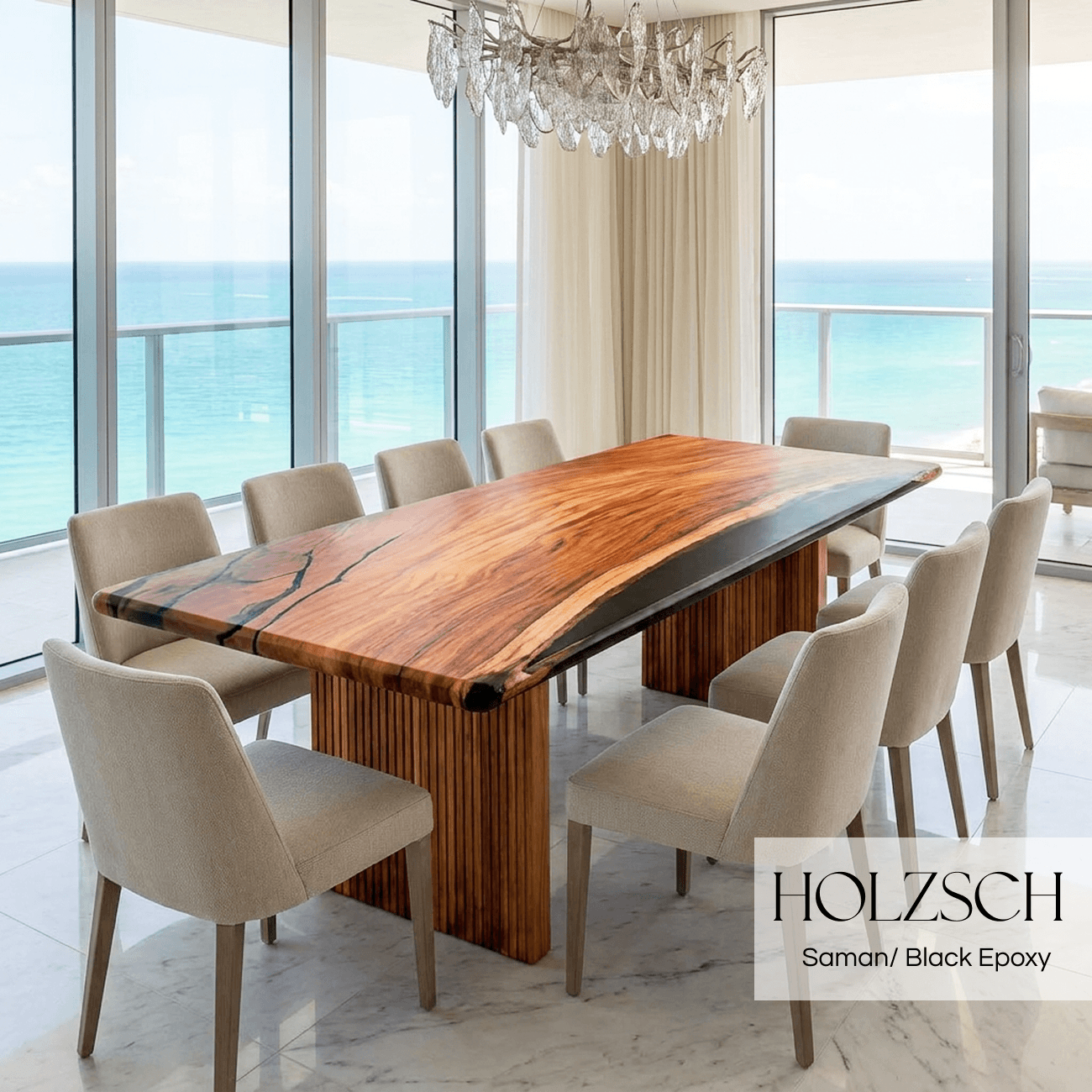 Dining room with a wooden table and chairs, featuring Holzschuh furniture.