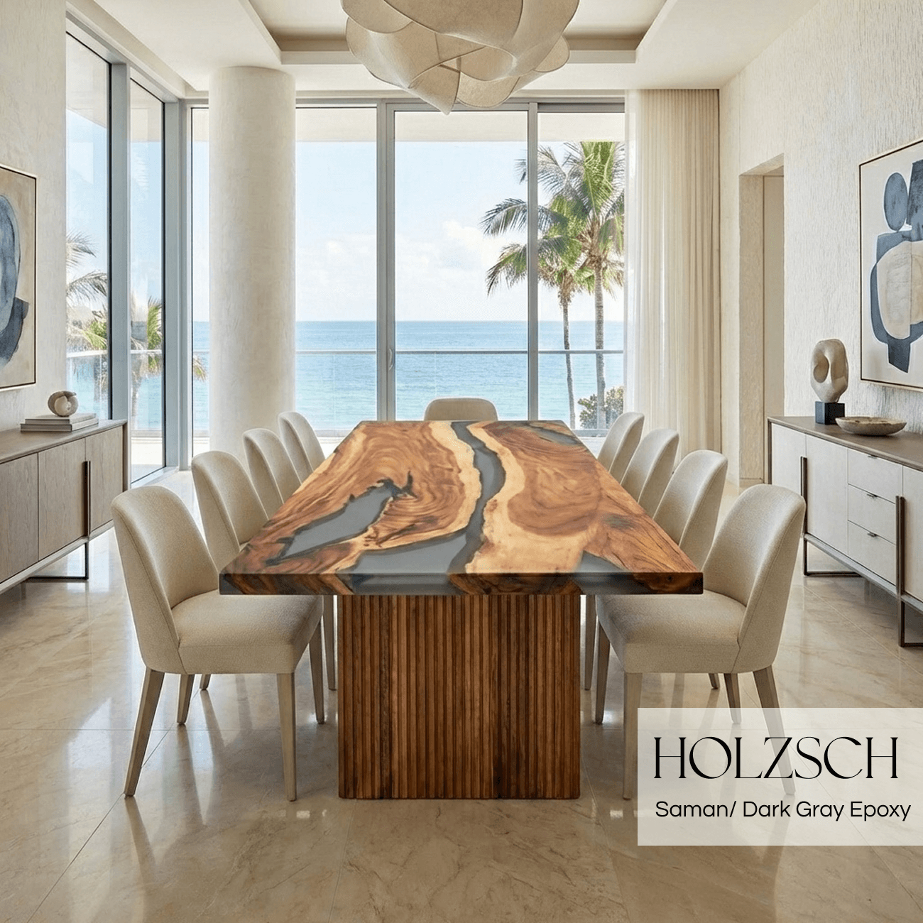 Dining room with a wooden table and chairs, featuring a view of the ocean.