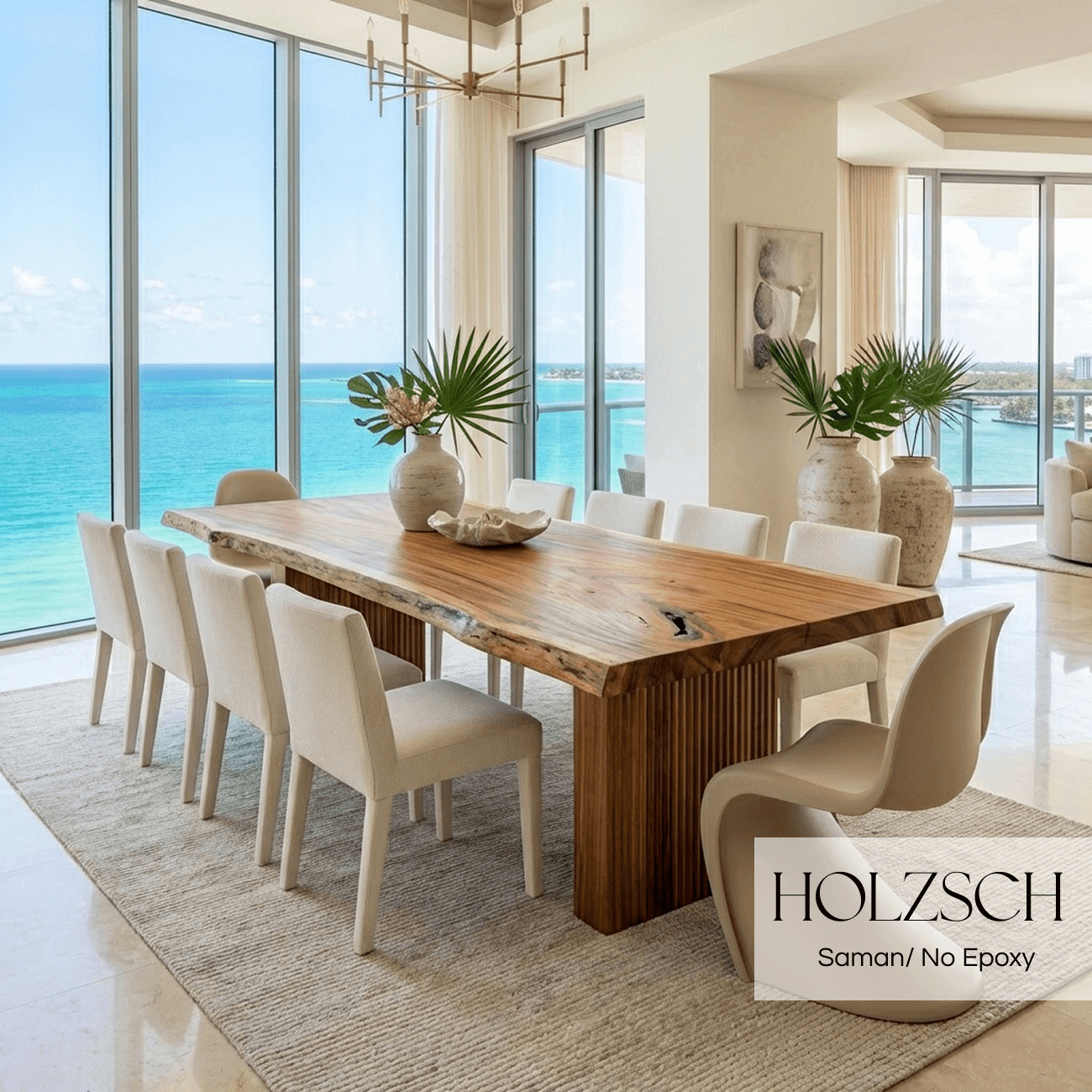 Modern dining room with wooden table and white chairs, featuring Holzsch branding.