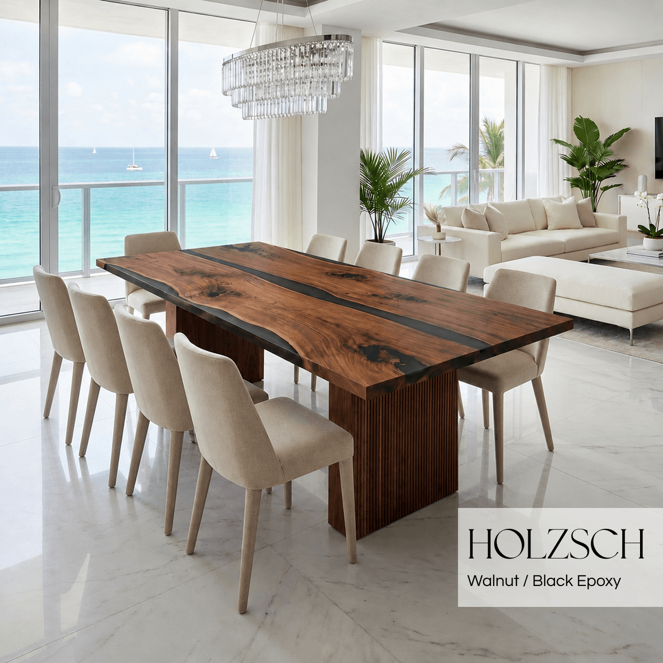 Modern dining room with a wooden table and chairs, featuring Holzsch branding.