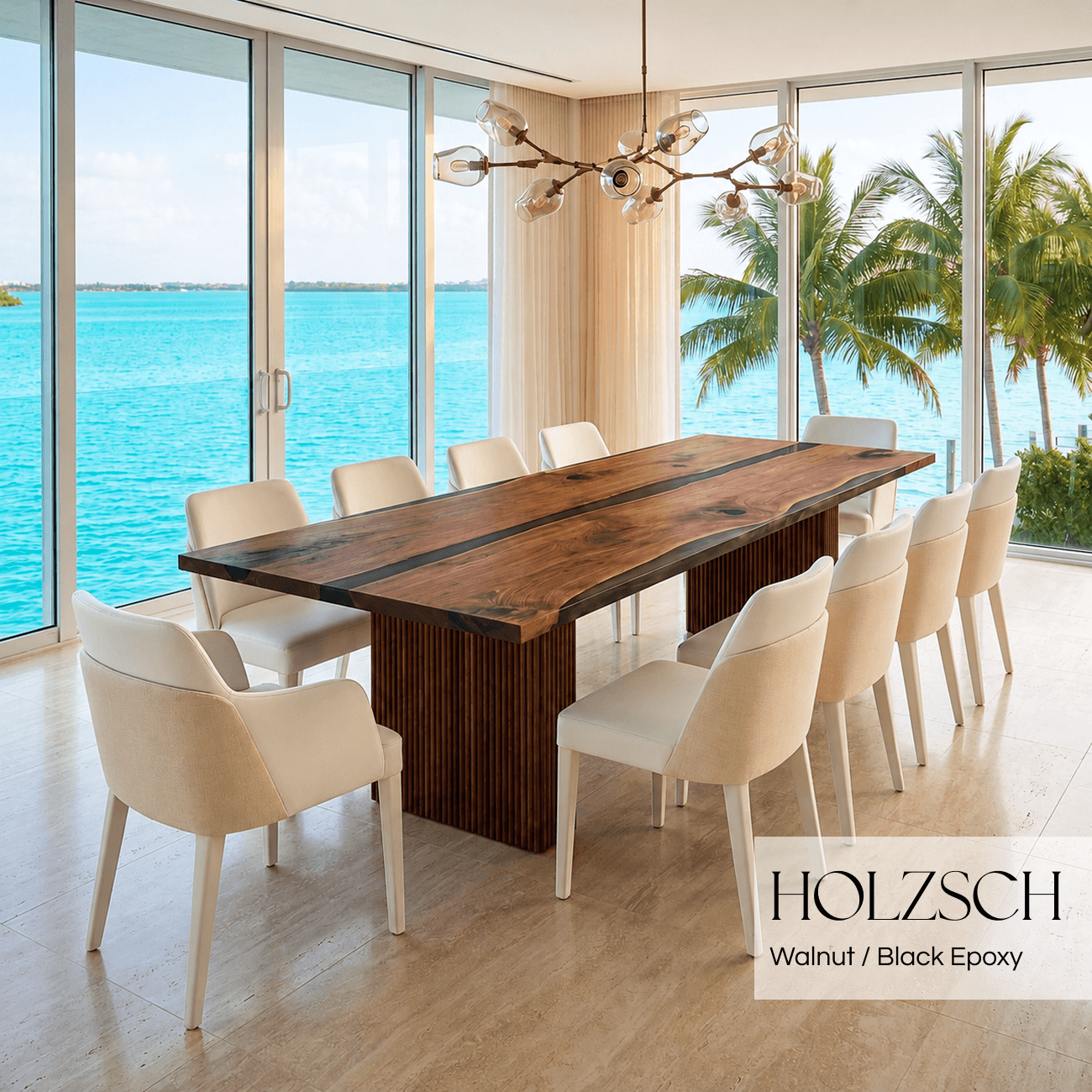 Dining room with a wooden table and chairs, featuring a view of the ocean and palm trees.