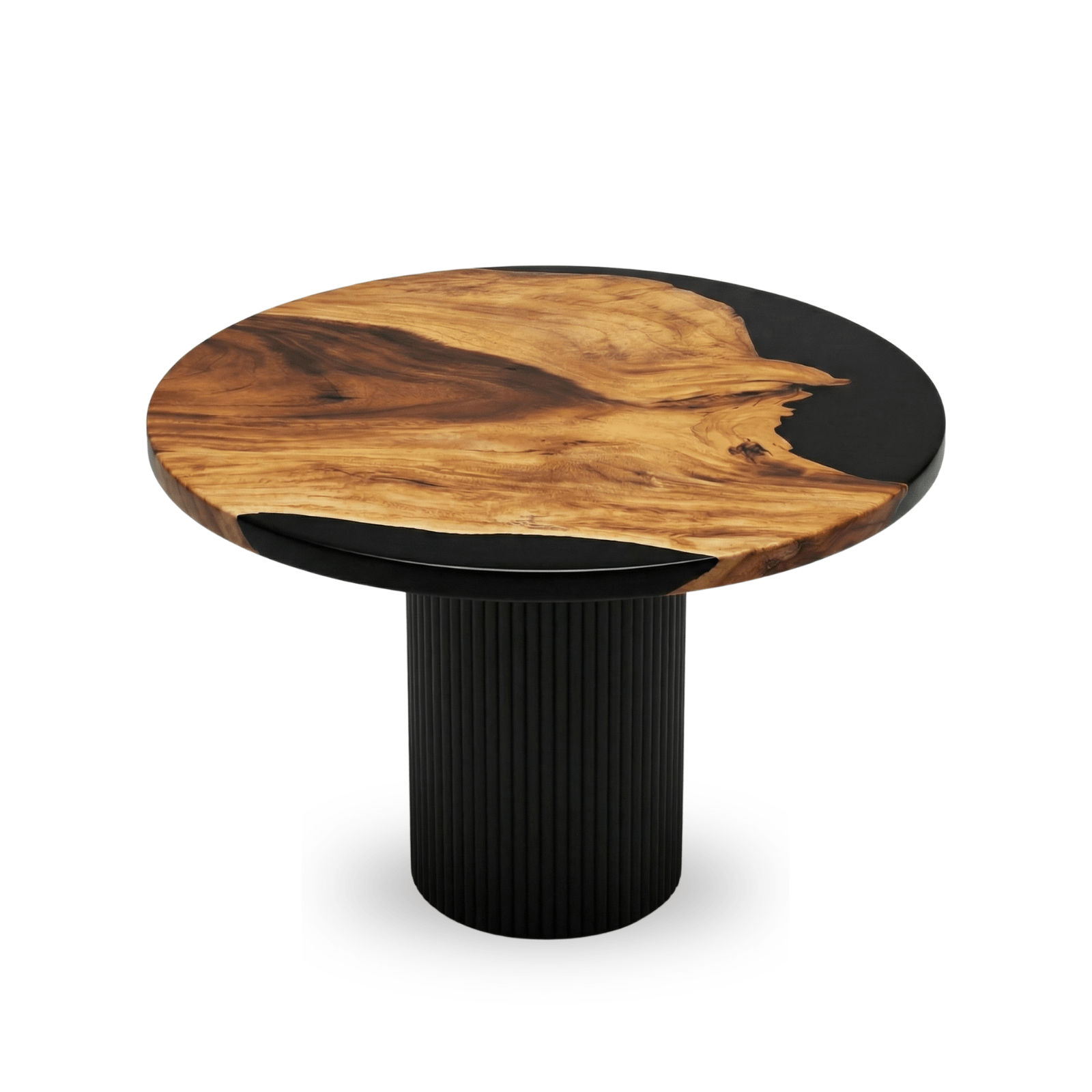Round table with wooden top and black base on a white background