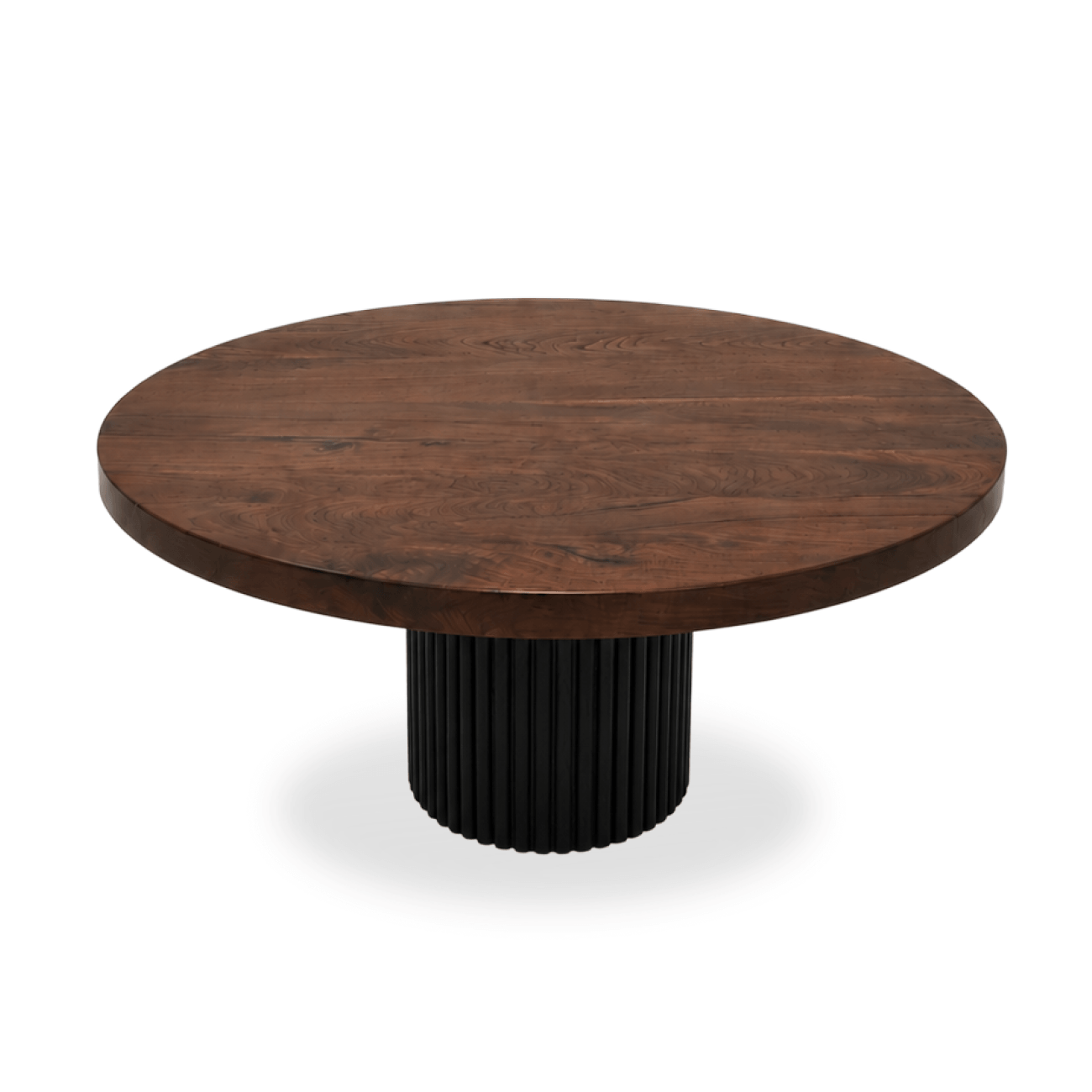Marcel round walnut dining table with fluted wood pedestal base