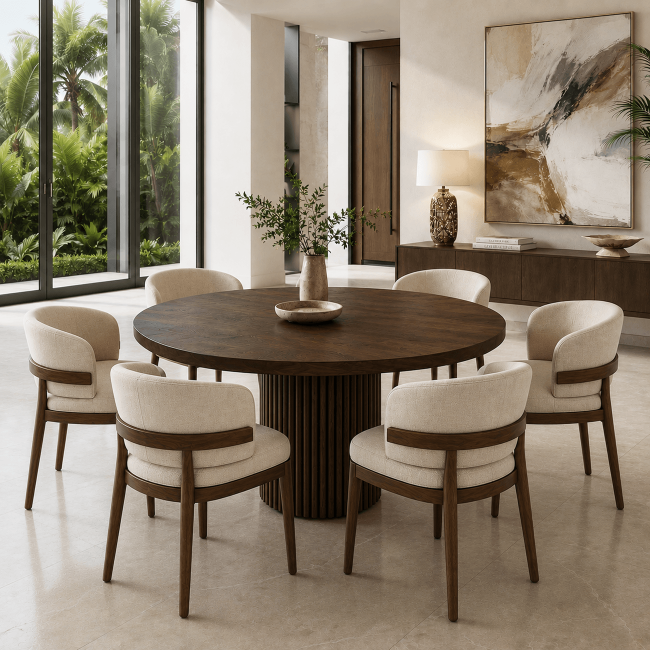 Luxury 59-inch walnut dining table with sculptural column base