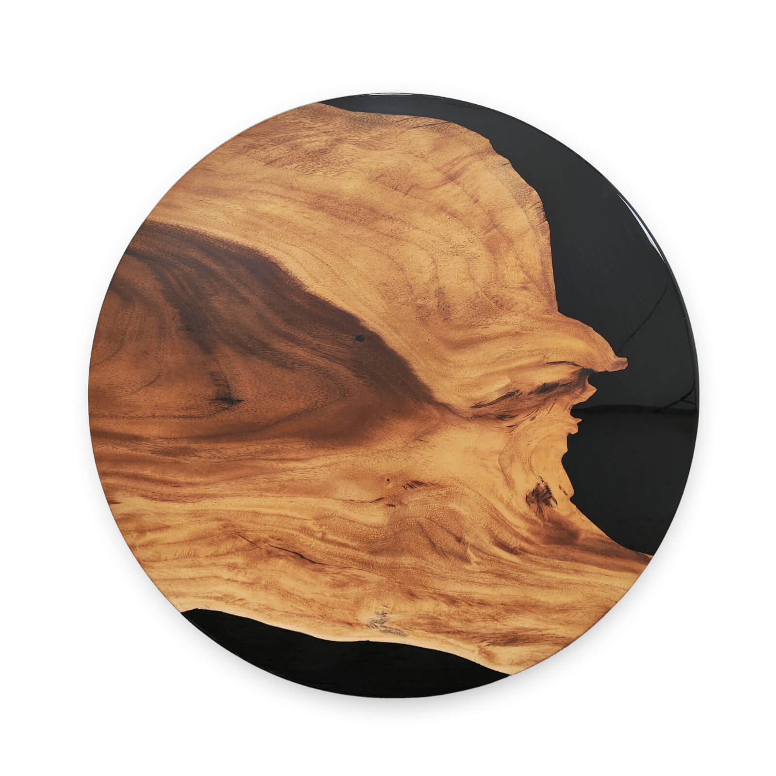 Wooden Monkey Pod Tabletop with a black epoxy on a white background