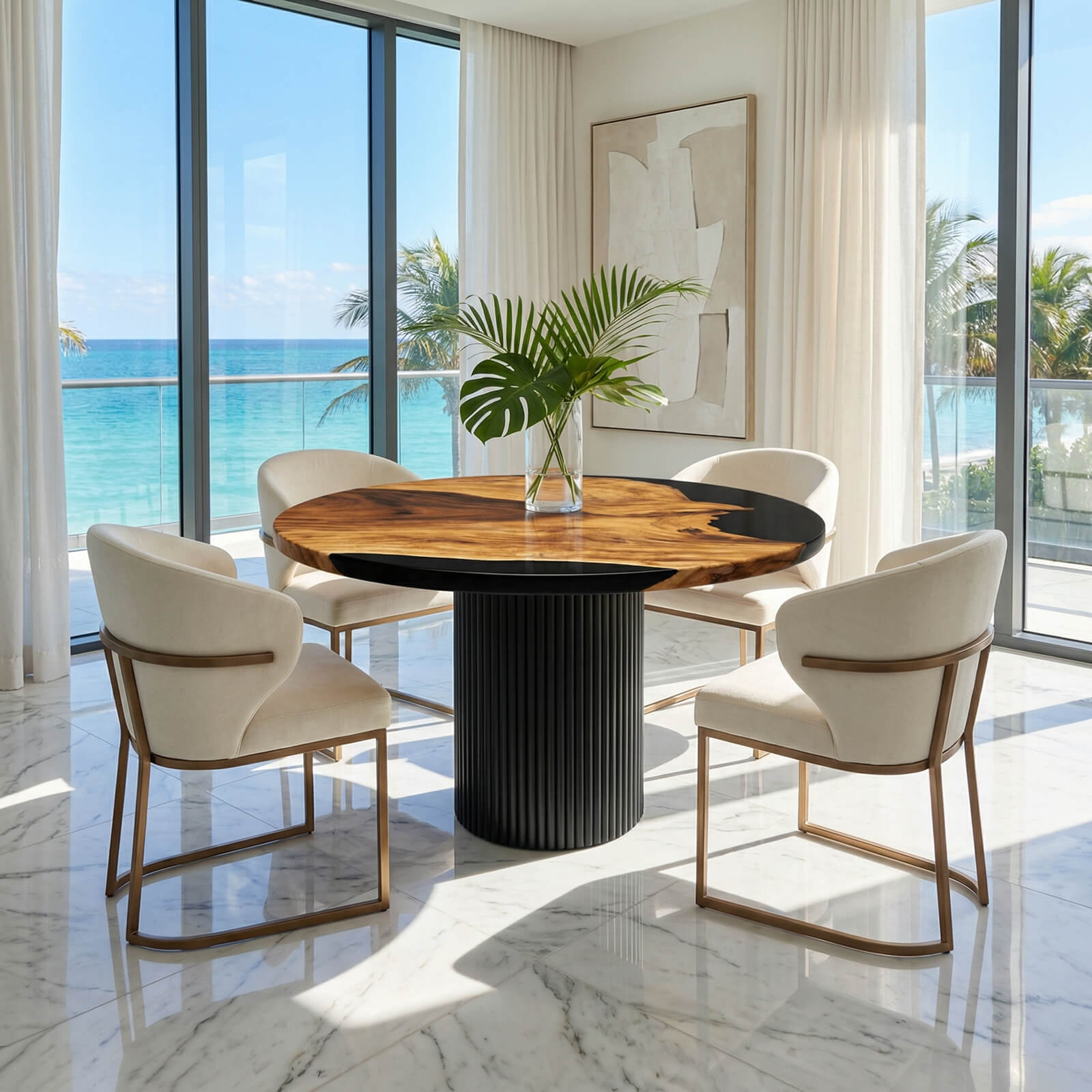 Modern dining room with a round wooden table and white chairs, featuring a large window view of the ocean.