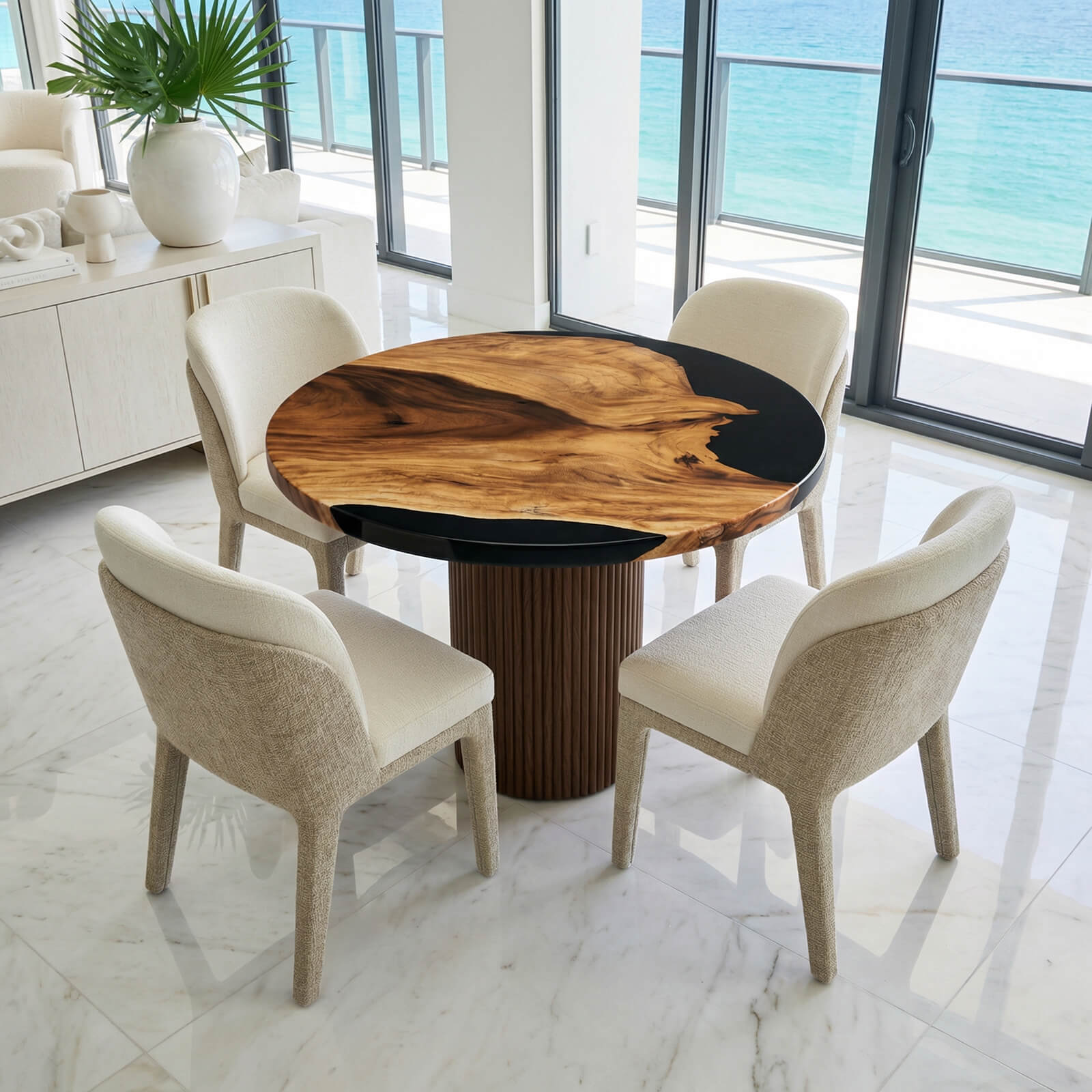 Dining table with a unique design in a modern room with large windows overlooking water.