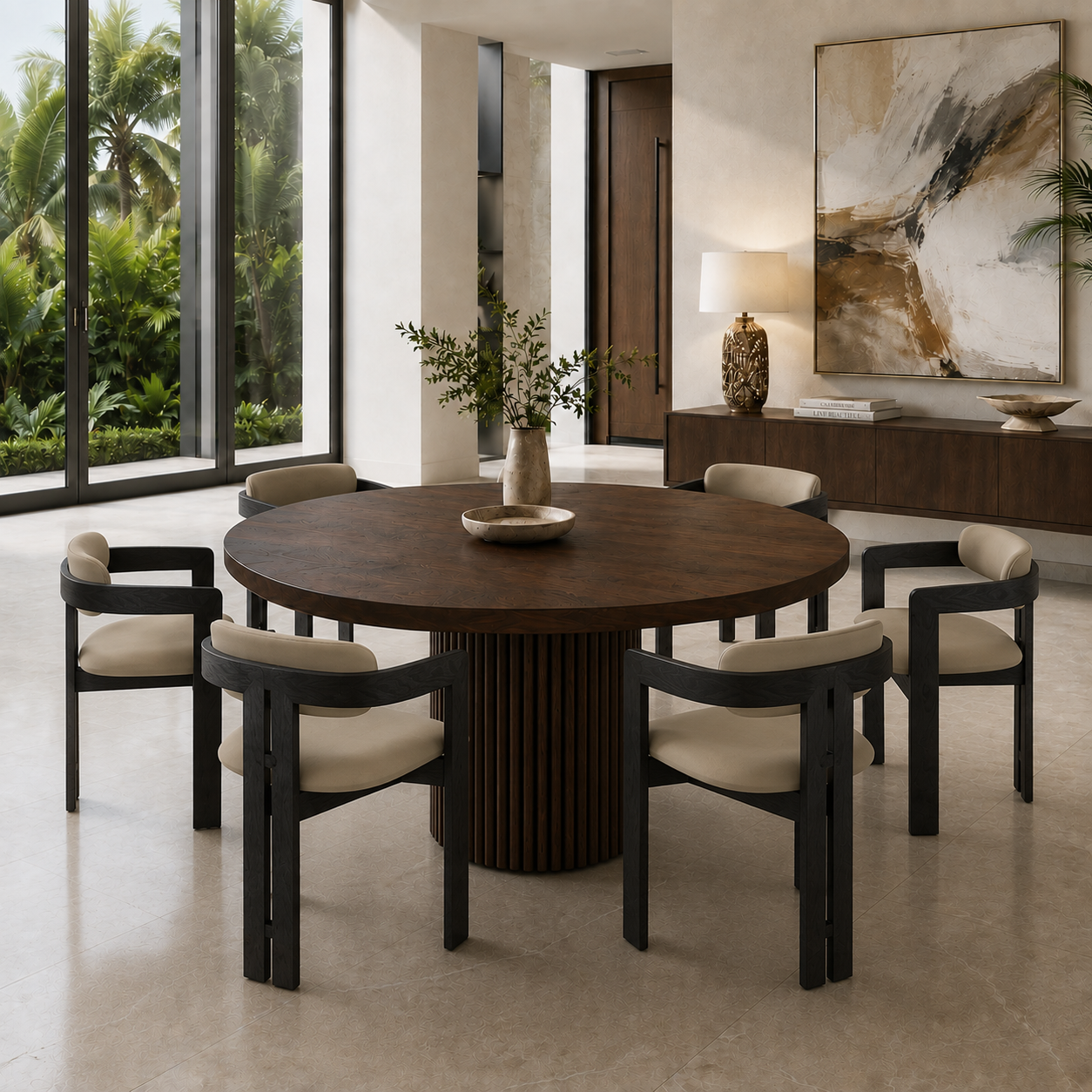 Luxury 59-inch walnut dining table with sculptural column base