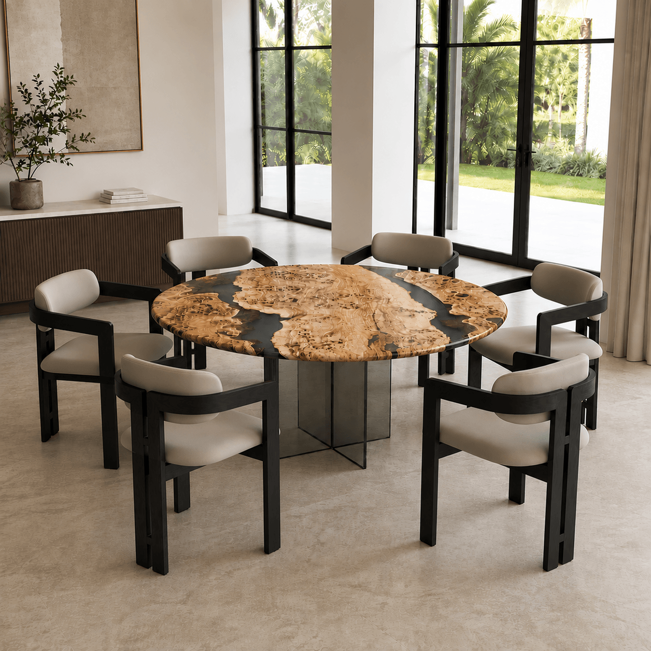 Handcrafted round burl wood dining table with dark gray resin