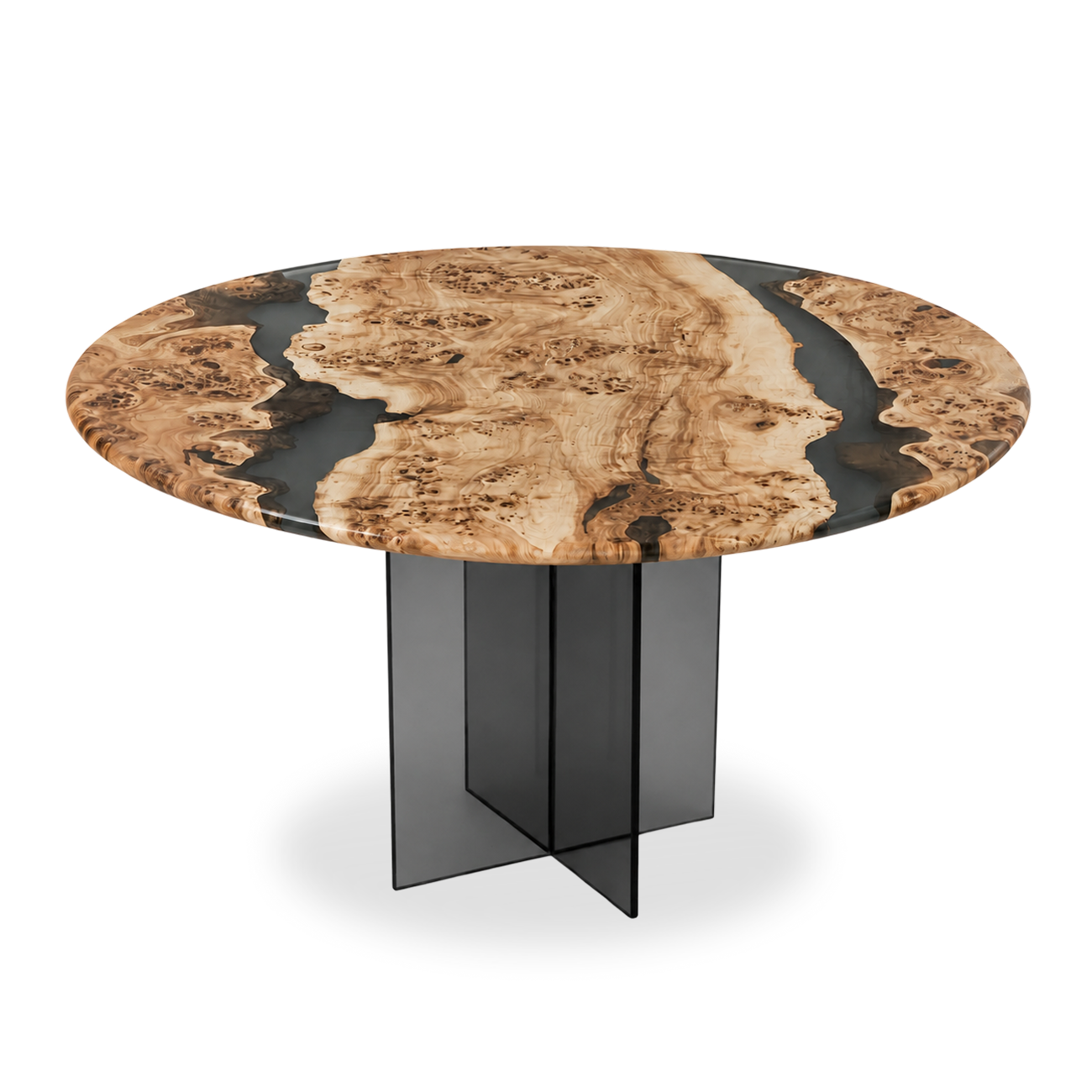 Mirage round Mappa Burl dining table with dark gray epoxy and plexiglass base