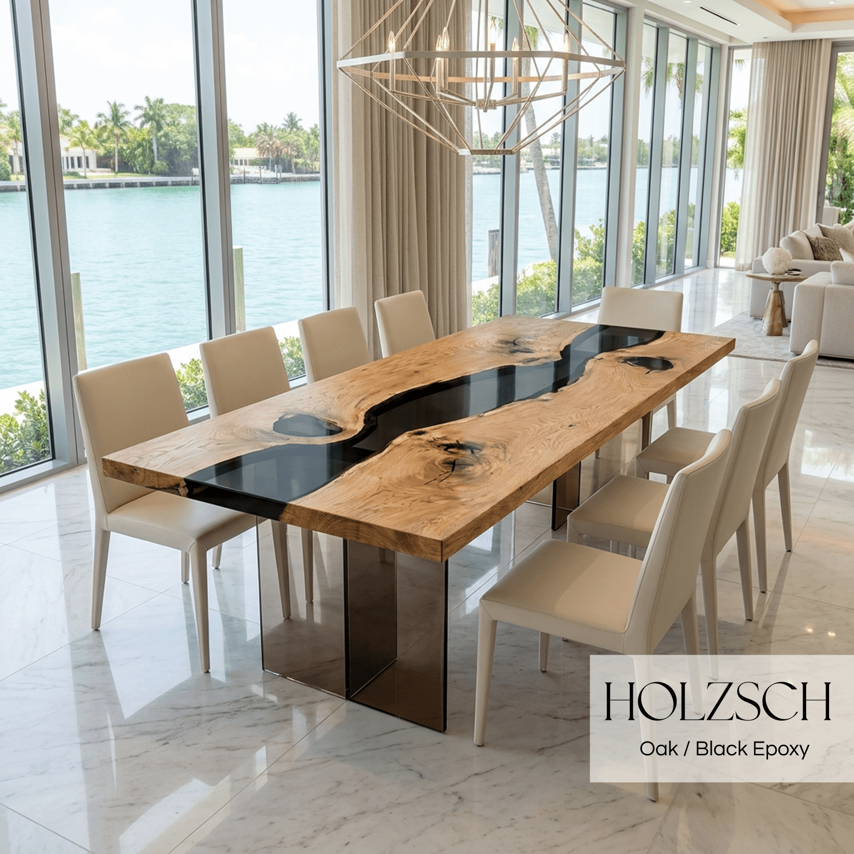 Dining room with a wooden and black epoxy table and chairs, featuring HOLZSCH branding.