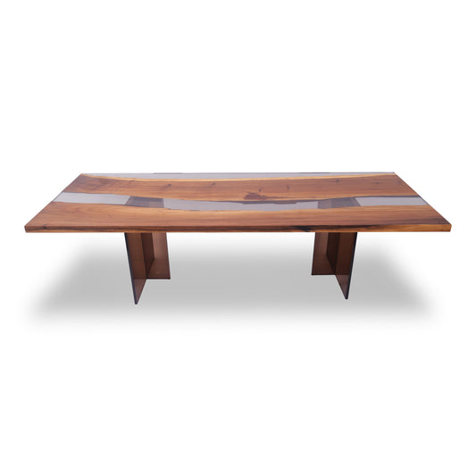 Mirage Rectangular Monkey Pod Dining Table with epoxy river and dark acrylic legs