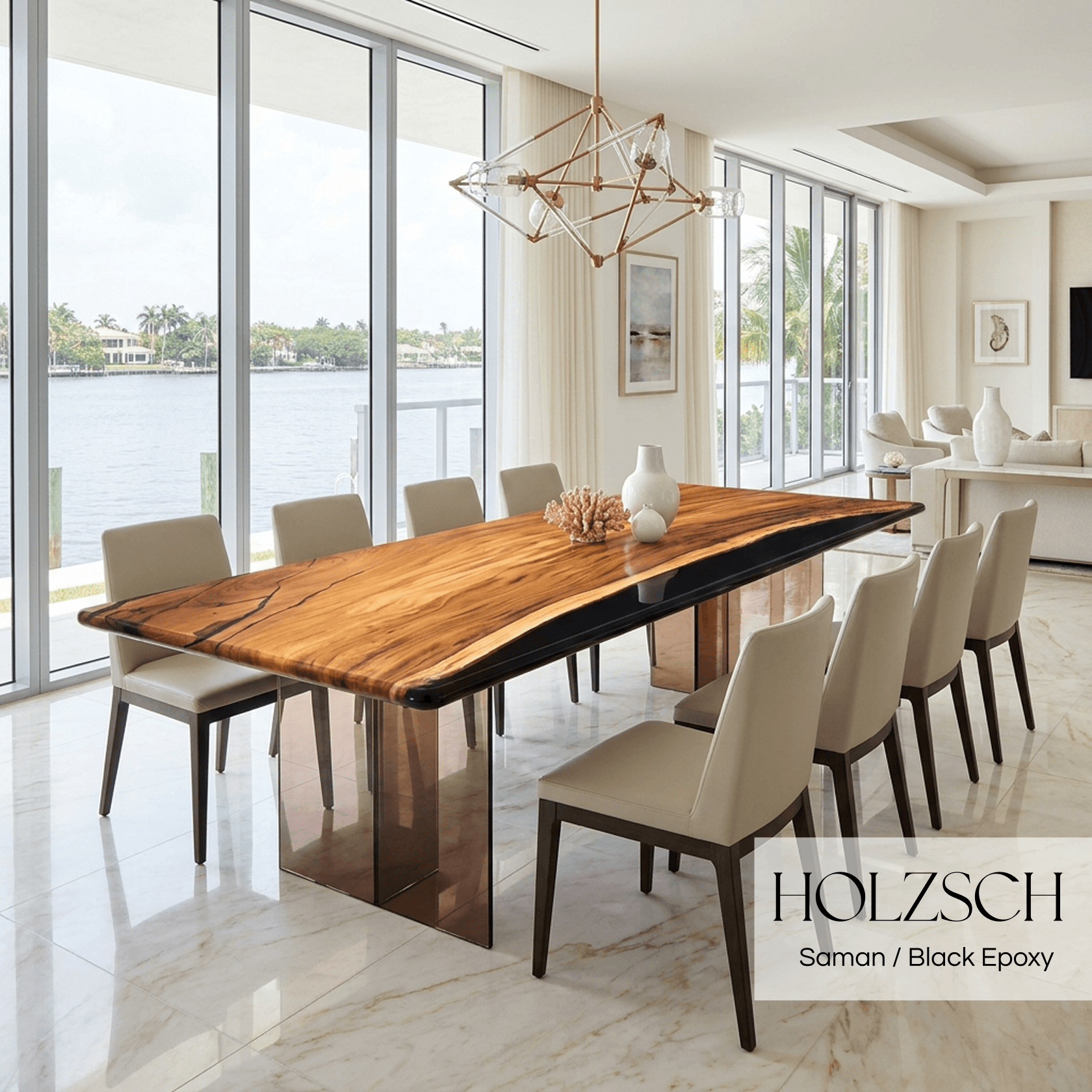 Modern dining room with a wooden table and chairs, featuring the brand 'HOLZSCH'.