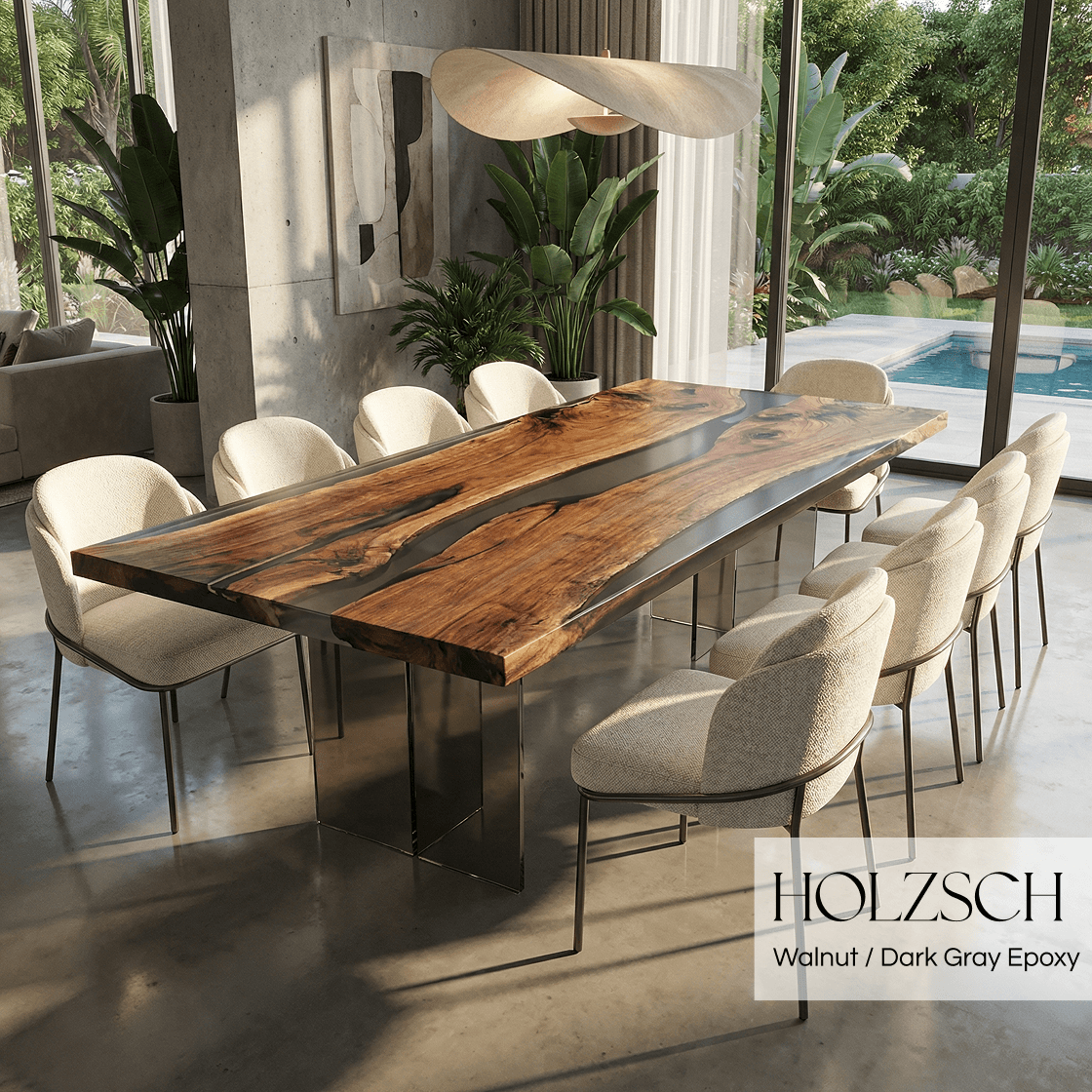Dining room with a wooden table and chairs, featuring the brand 'HOLZSCH'.