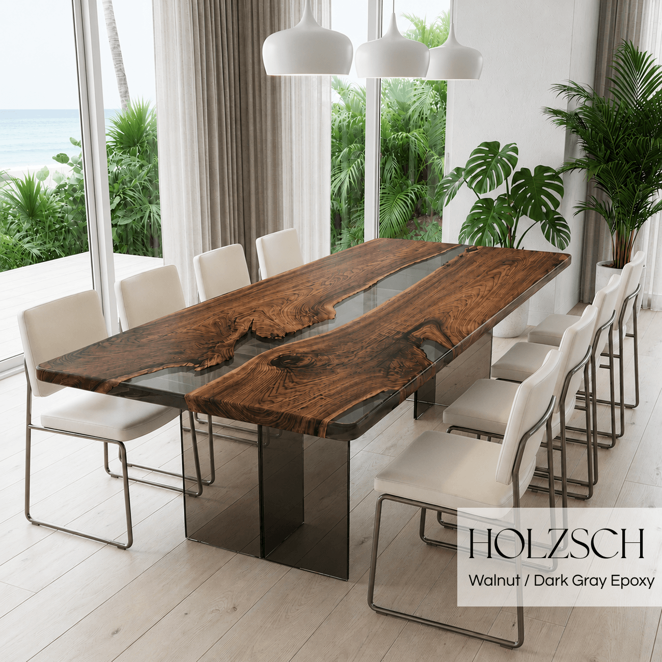 Mirage  Walnut Dark Gray Epoxy Dining Table. 