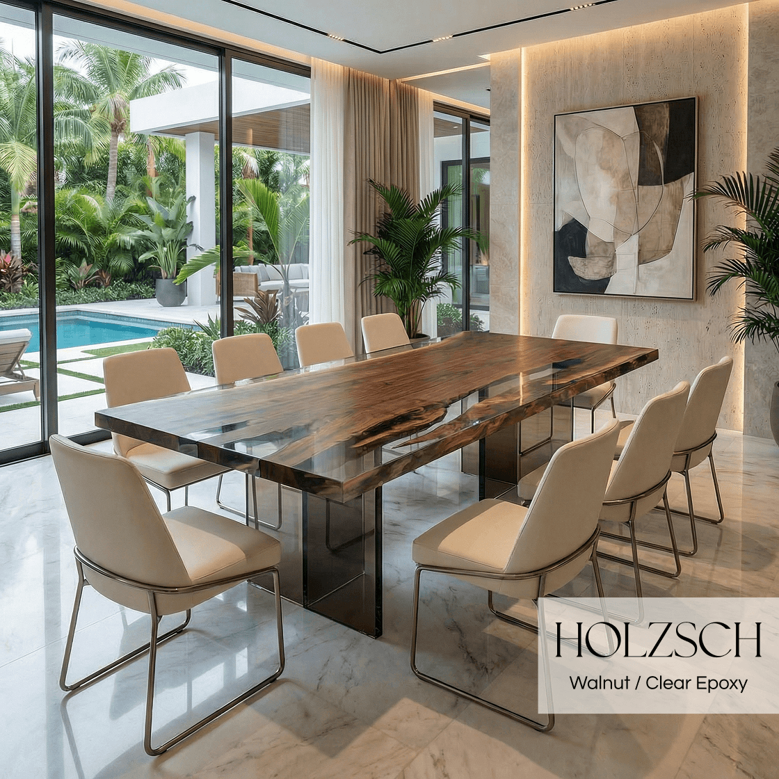 Modern dining room with a wooden table and chairs, featuring HOLZSCH branding.