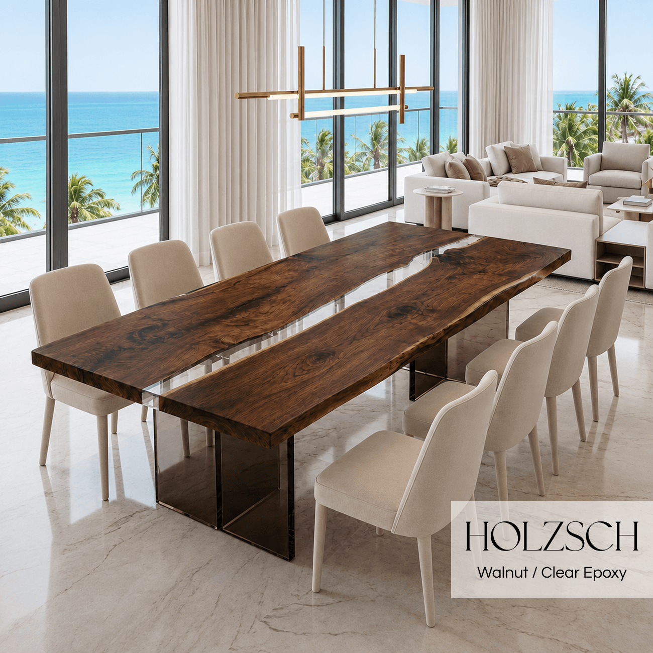 Mirage Walnut Clear Epoxy Large Dining Table.