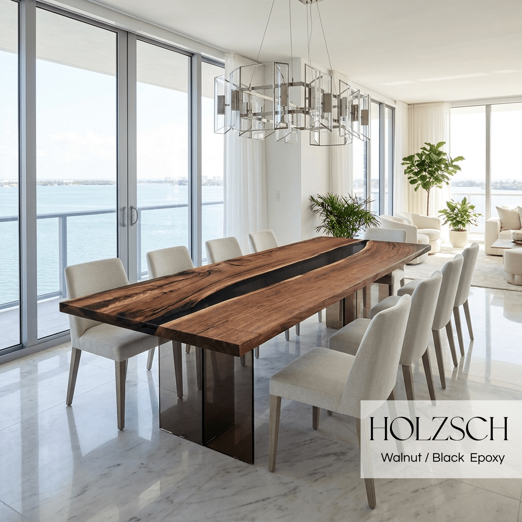 Modern dining room with a wooden table and chairs, featuring Holzsch branding.